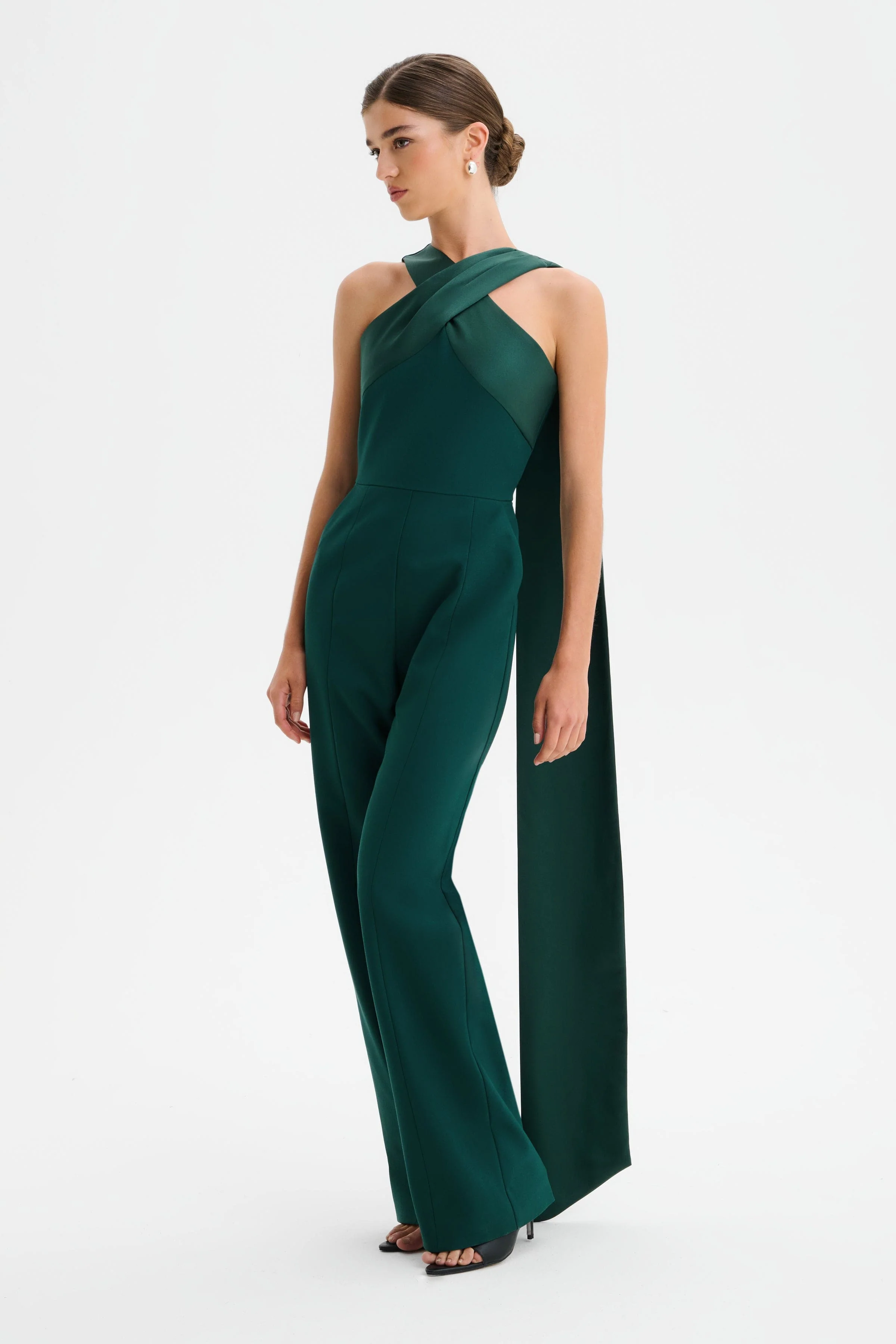 CHANTELLE Cross Neck Straight Leg Jumpsuit with Satin Drape in Emerald - Image 4