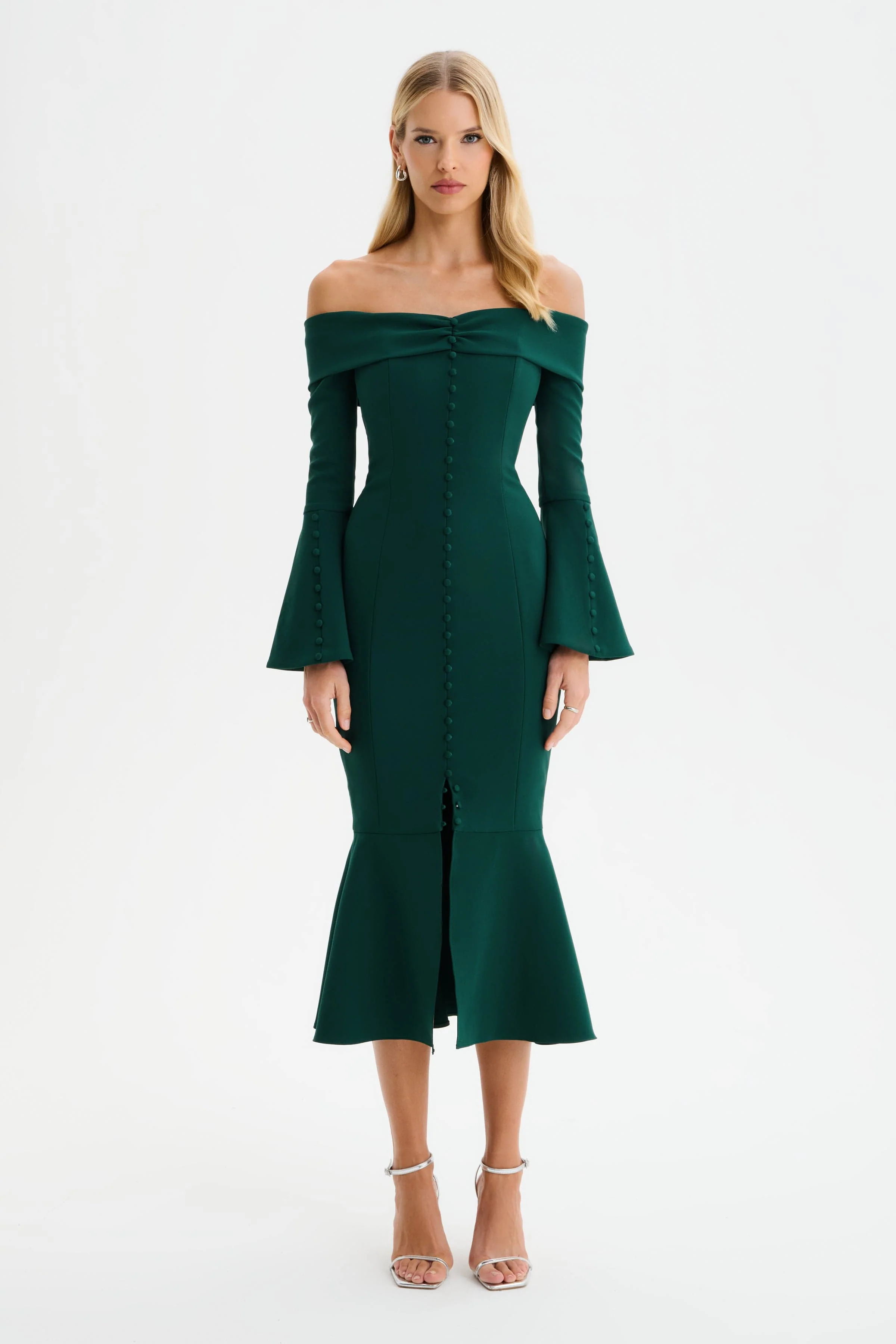 CIARA Off Shoulder Micro Button Midi Dress in Emerald Green - Image 2