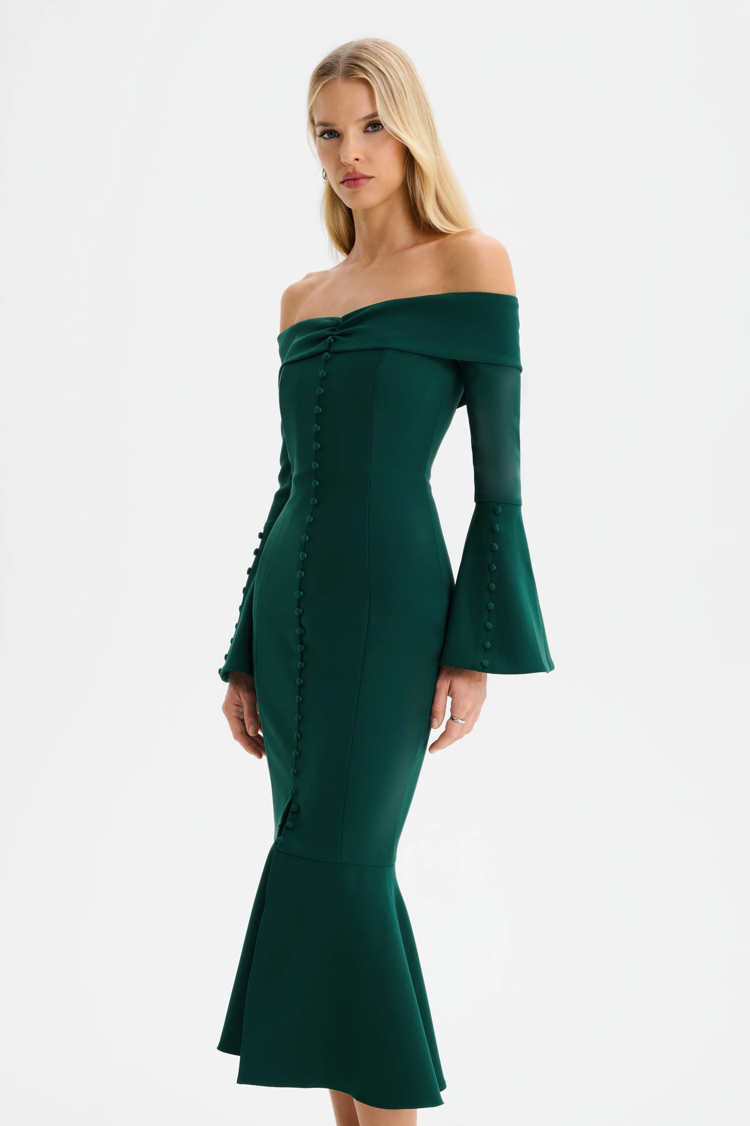 CIARA Off Shoulder Micro Button Midi Dress in Emerald Green - Image 3