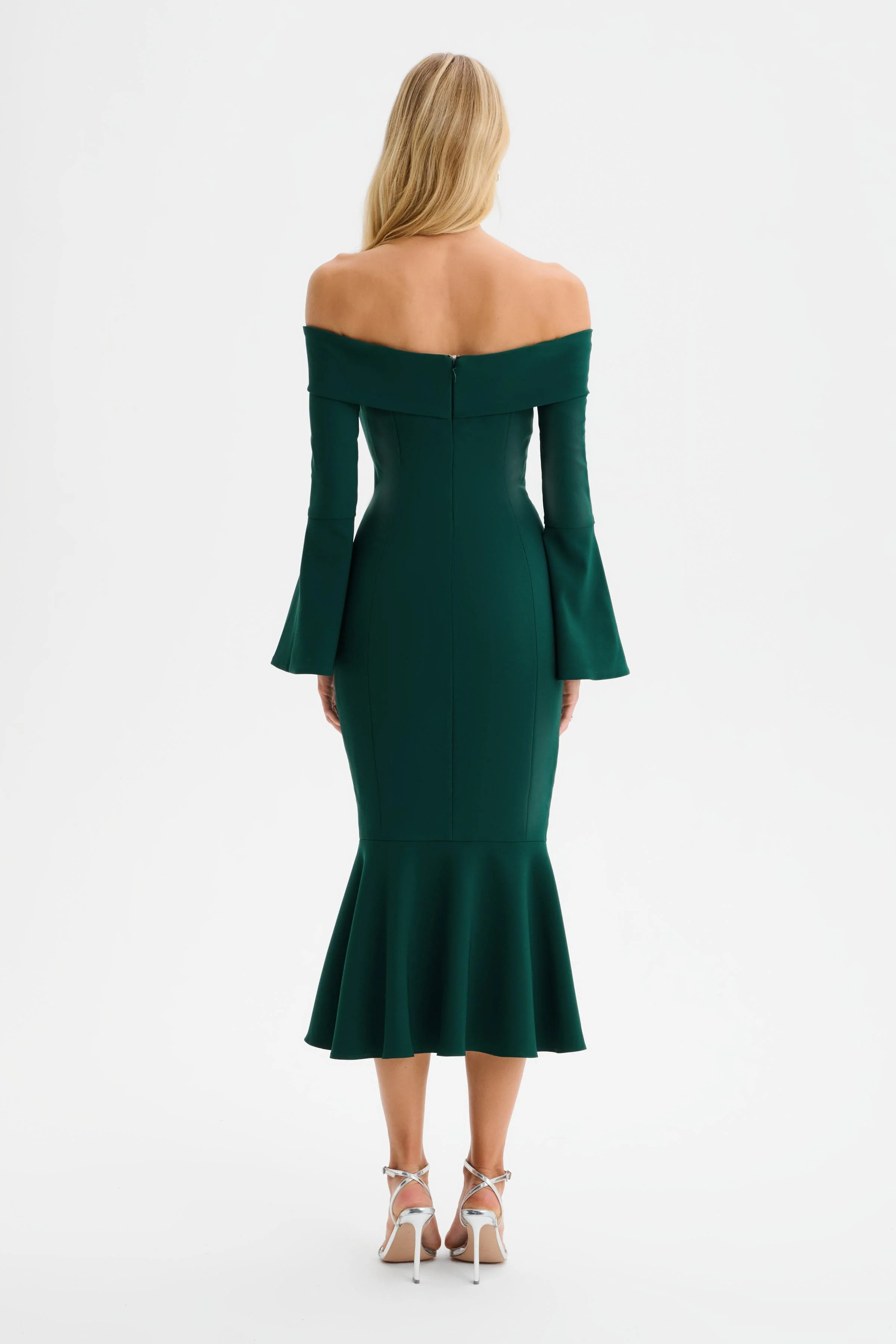 CIARA Off Shoulder Micro Button Midi Dress in Emerald Green - Image 5