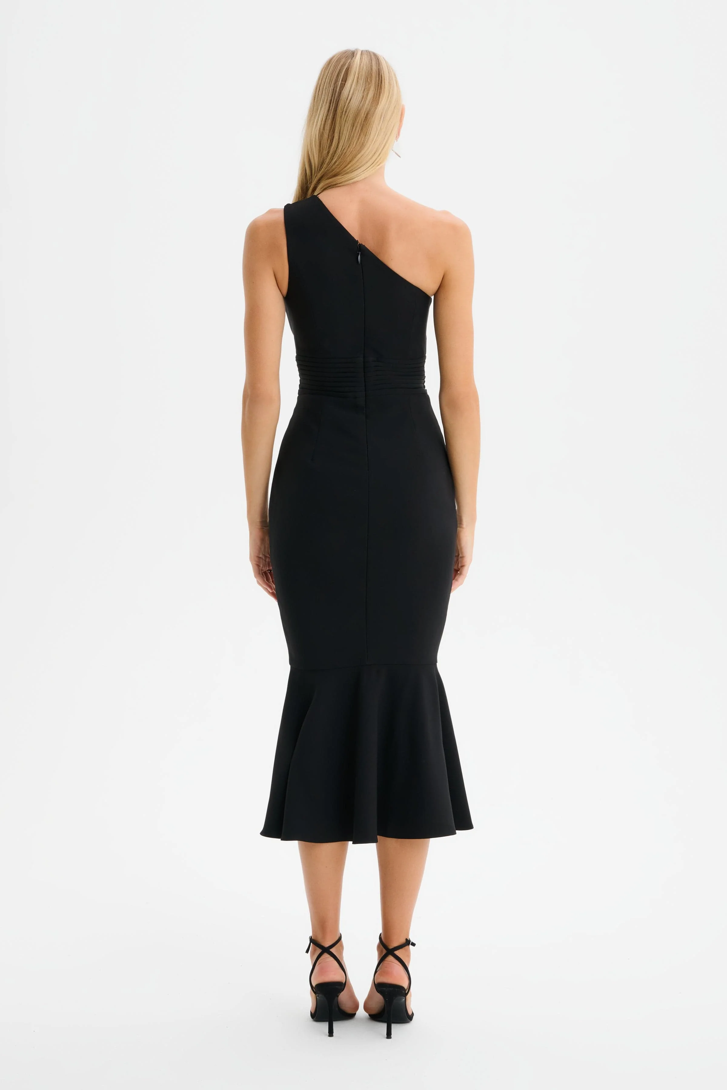 DAHLIA One Shoulder Micro Button Midi Dress in Black - Image 6