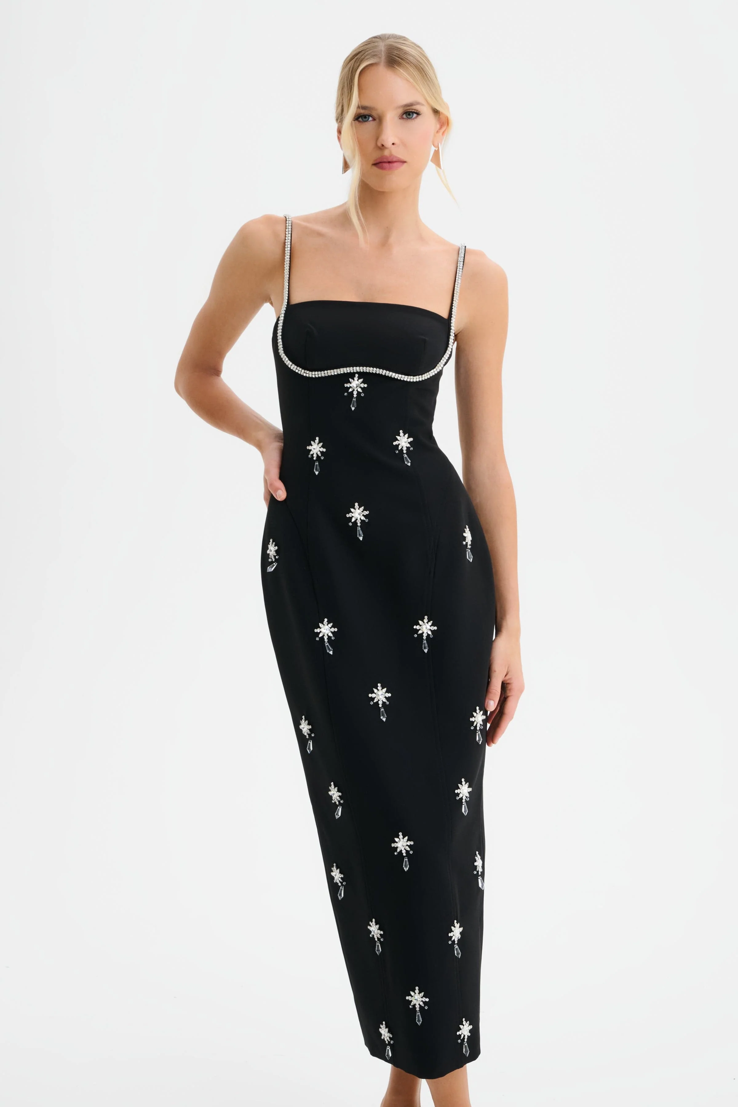 DAISY Hand Embellished Contour Tailored Midi Dress in Black - Image 3