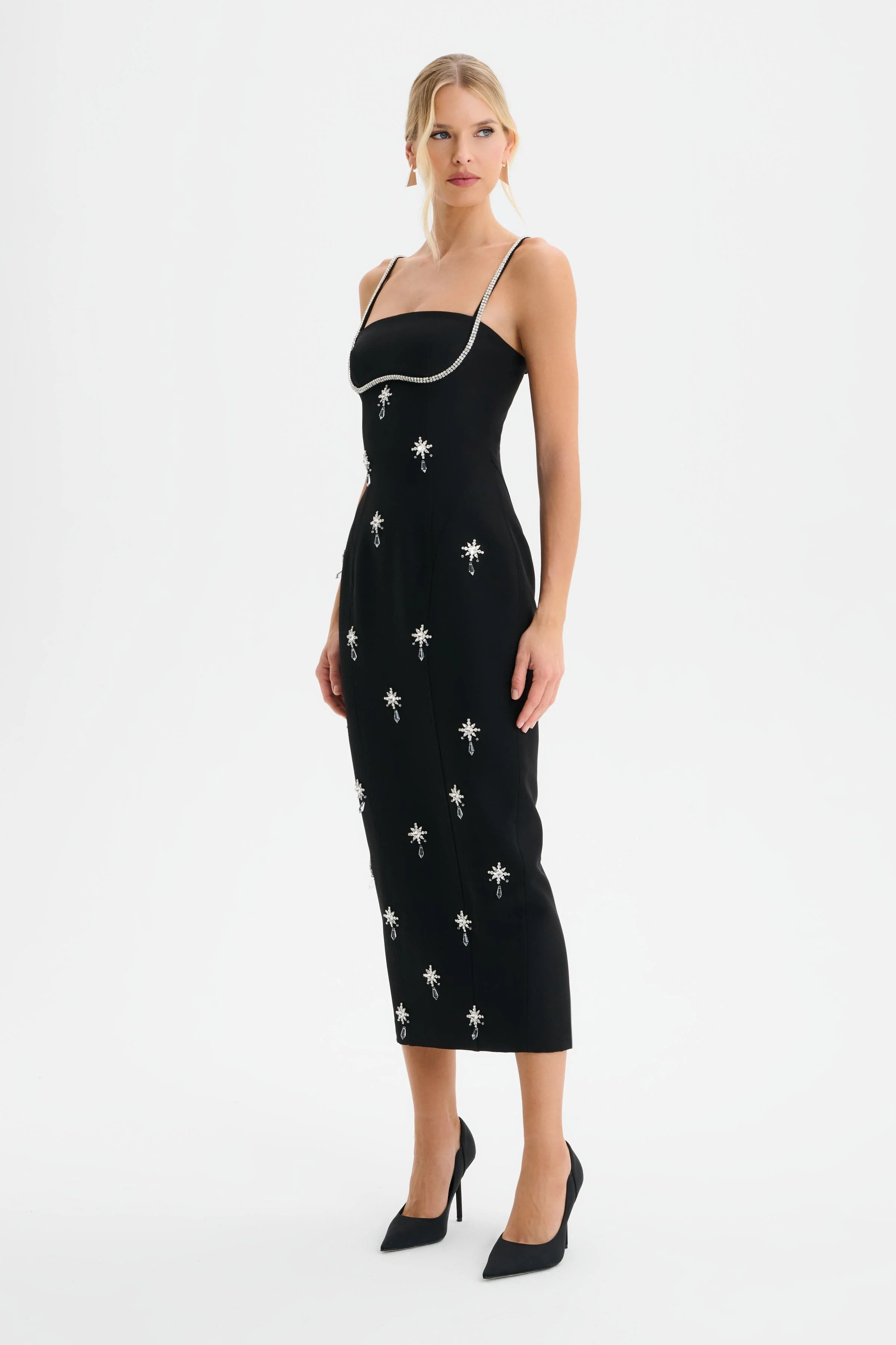 DAISY Hand Embellished Contour Tailored Midi Dress in Black - Image 4