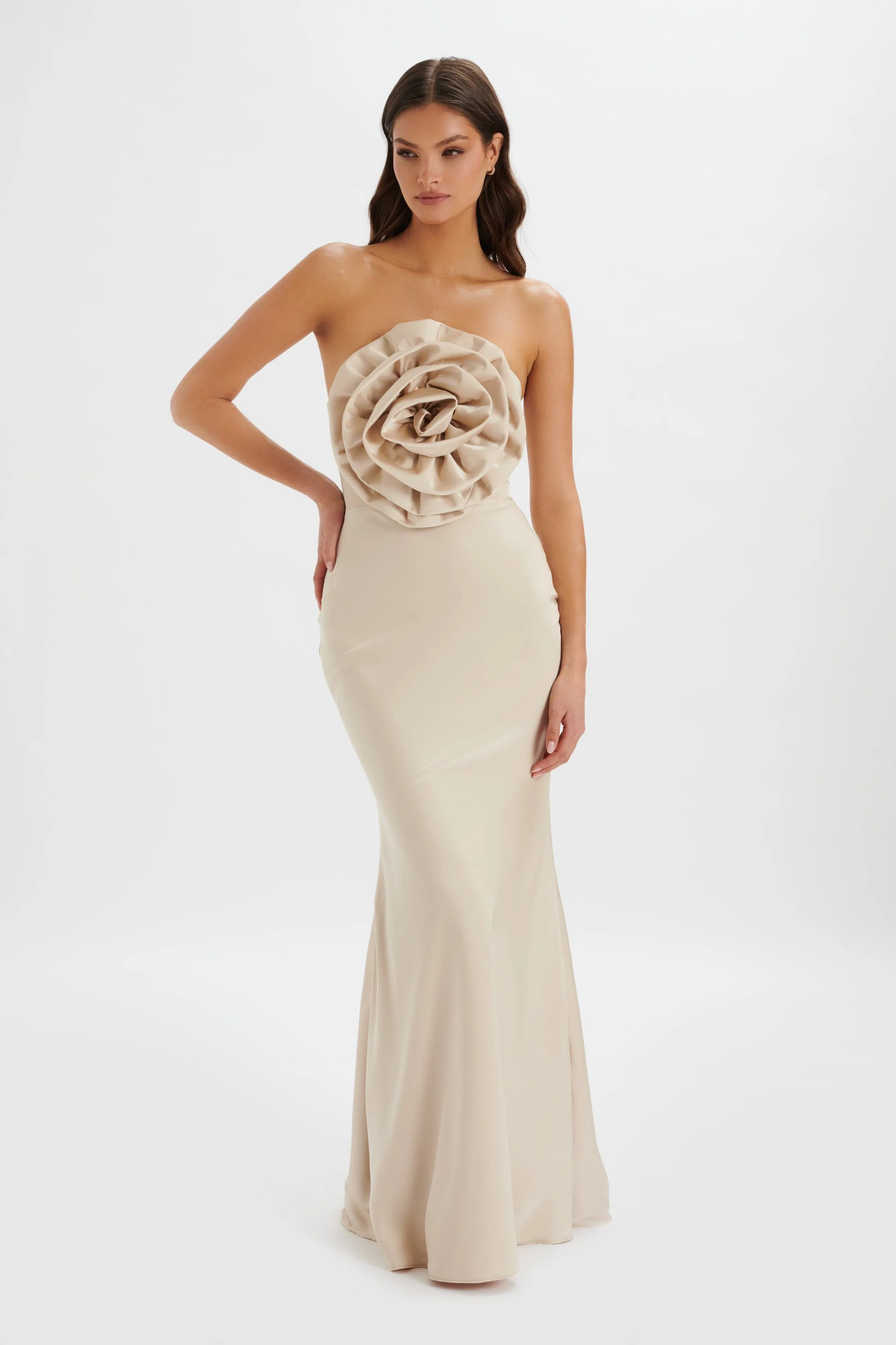DALIA 3D Flower Bandeau Maxi Dress in Champagne - Image 3