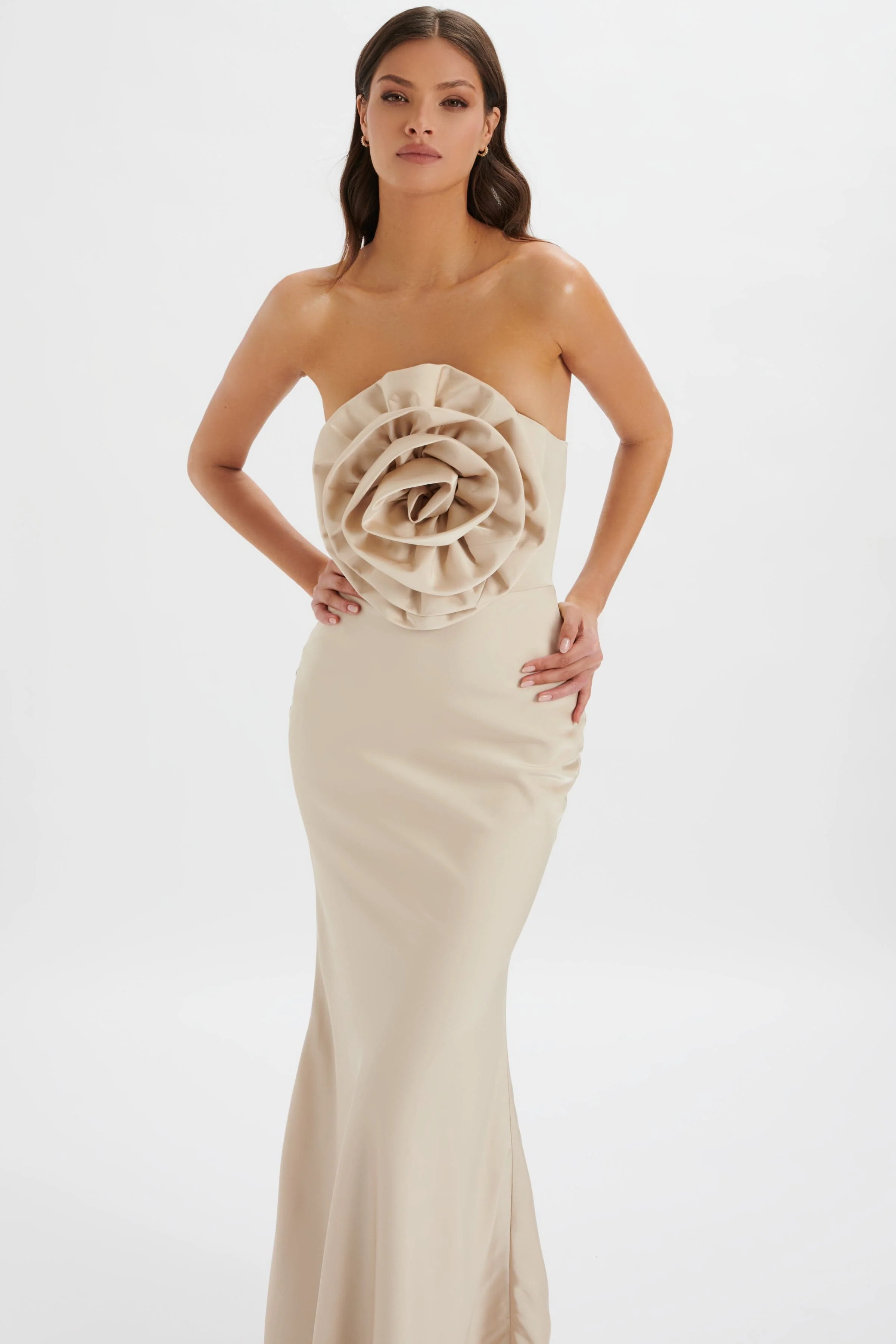 DALIA 3D Flower Bandeau Maxi Dress in Champagne - Image 4