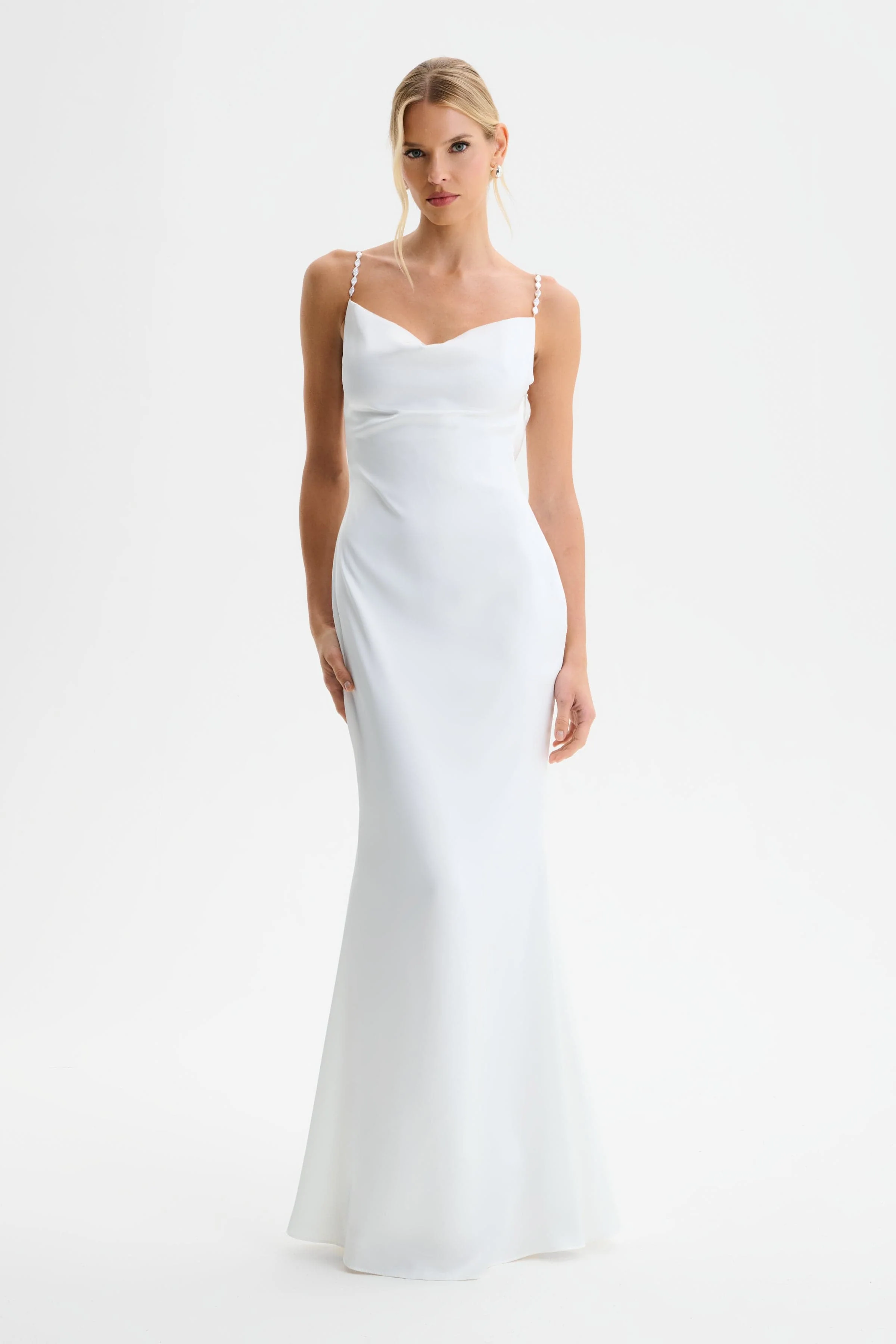 DANI Cowl Neck Satin Maxi Dress with Pearl Straps in White - Image 3
