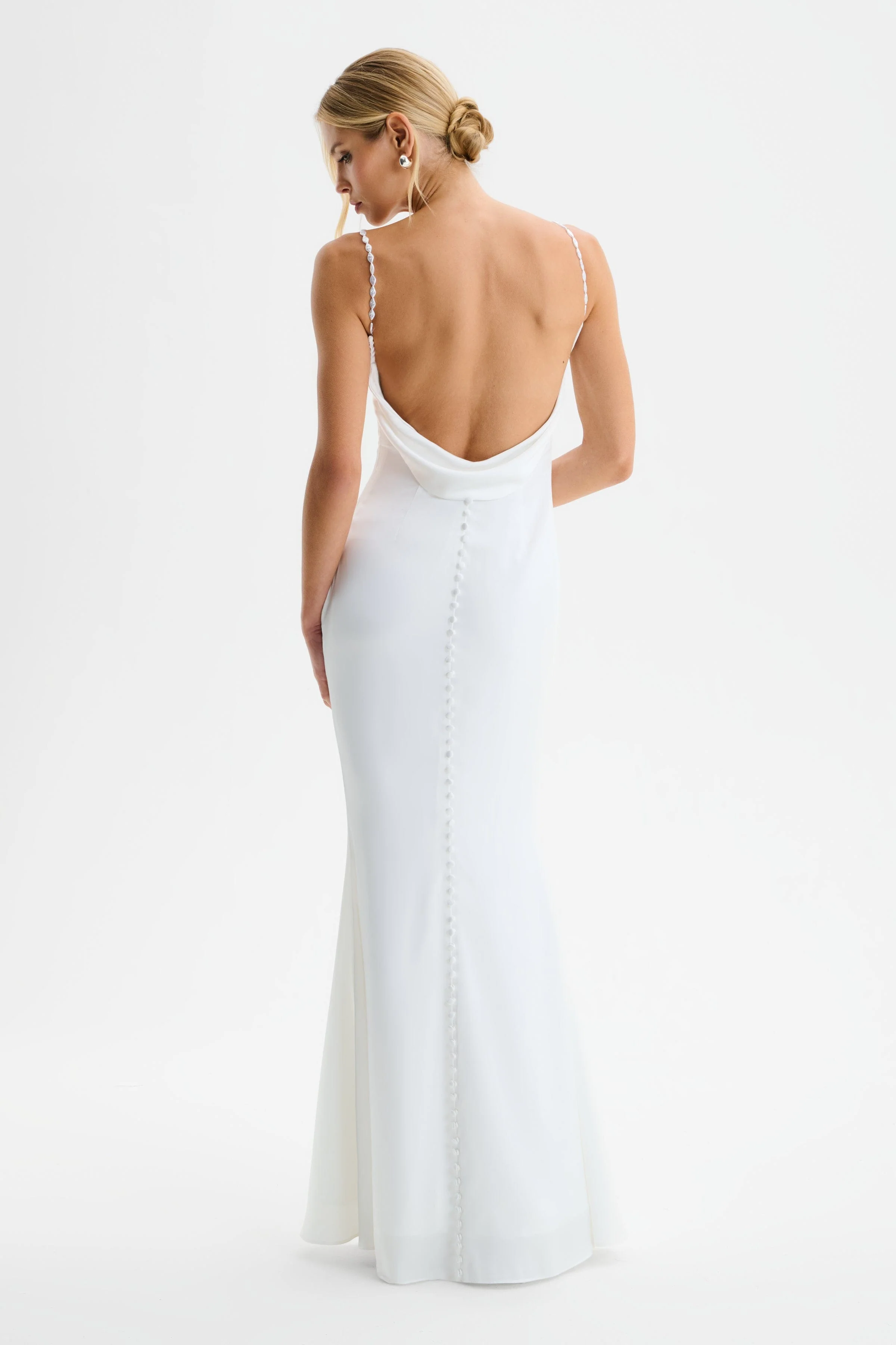 DANI Cowl Neck Satin Maxi Dress with Pearl Straps in White - Image 5
