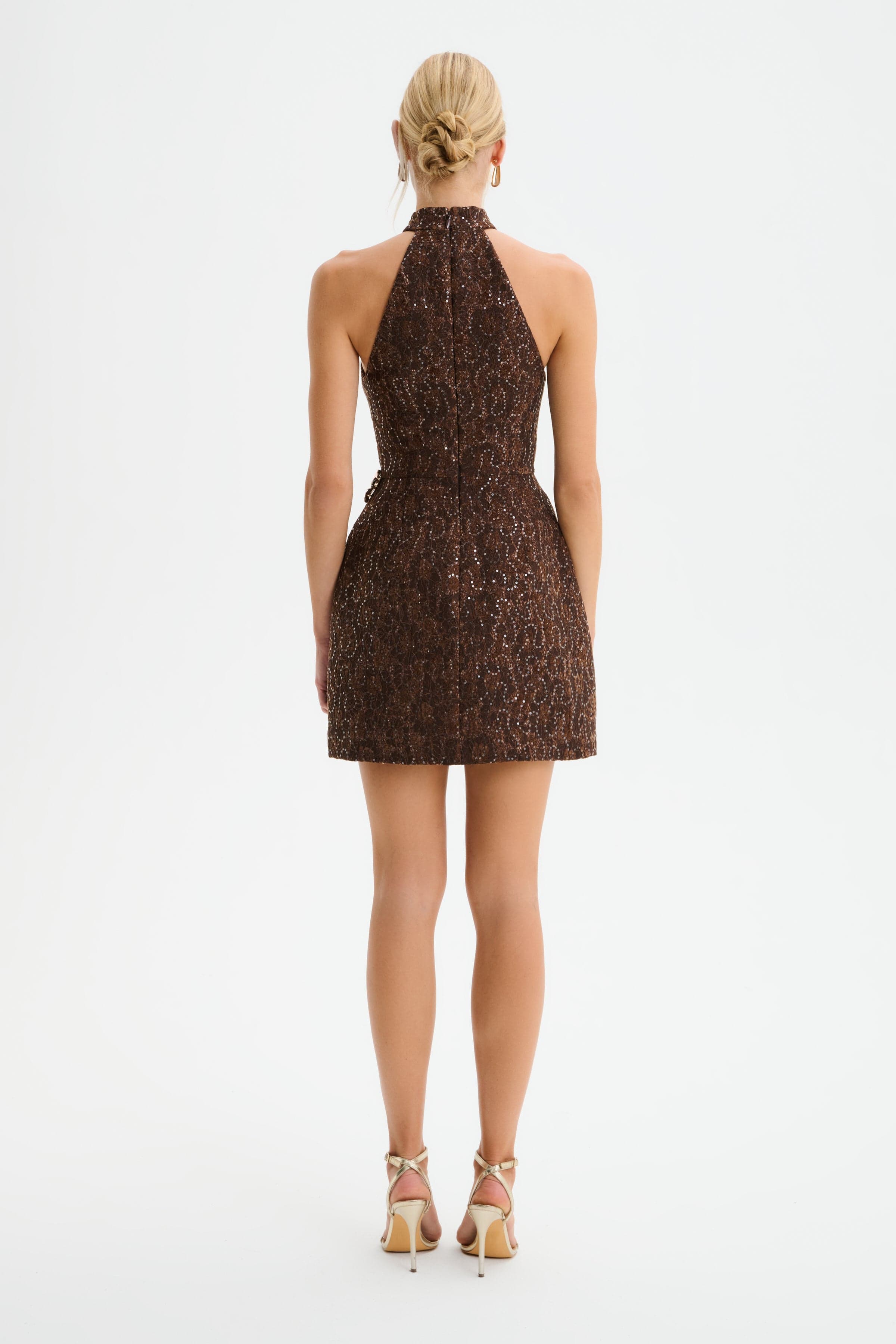 DARCIE Lace Boucle High Neck Tulip Mini Dress in Chocolate - Image 7