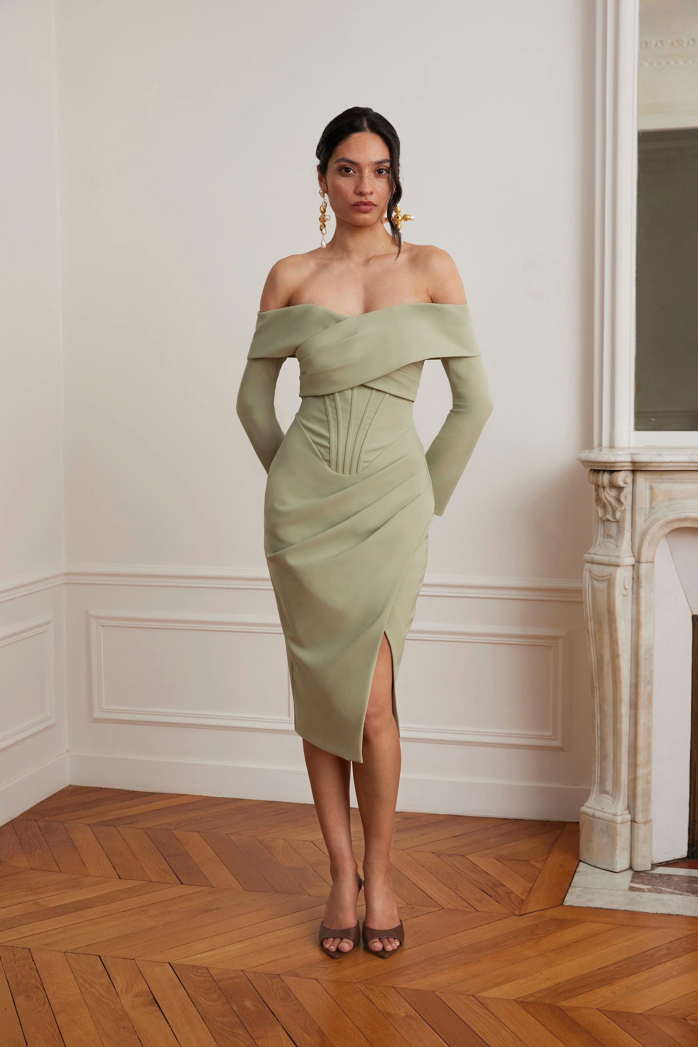 DELPHINE Off Shoulder Corset Midi Wrap Dress In Sage Green