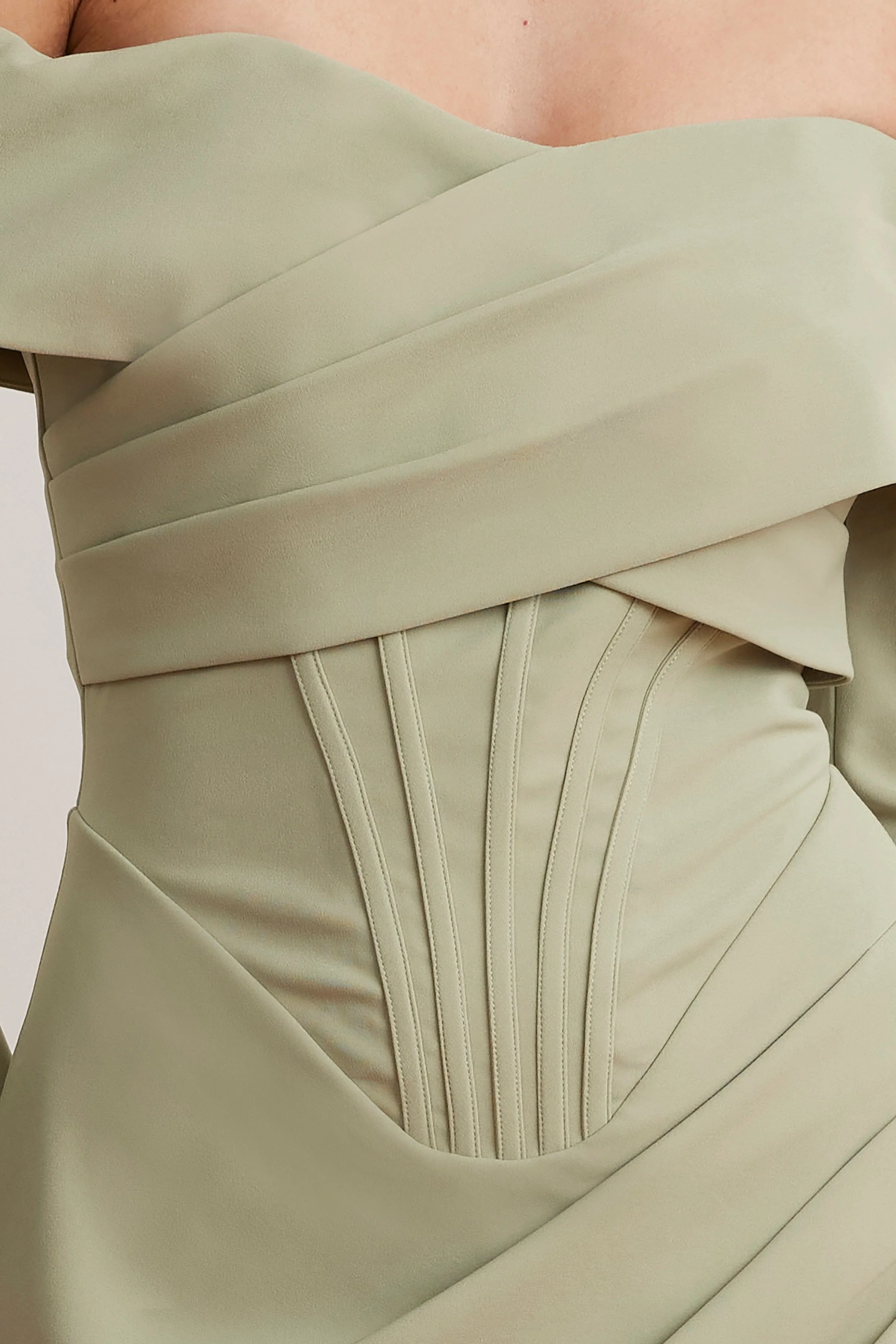 DELPHINE Off Shoulder Corset Midi Wrap Dress In Sage Green - Image 2