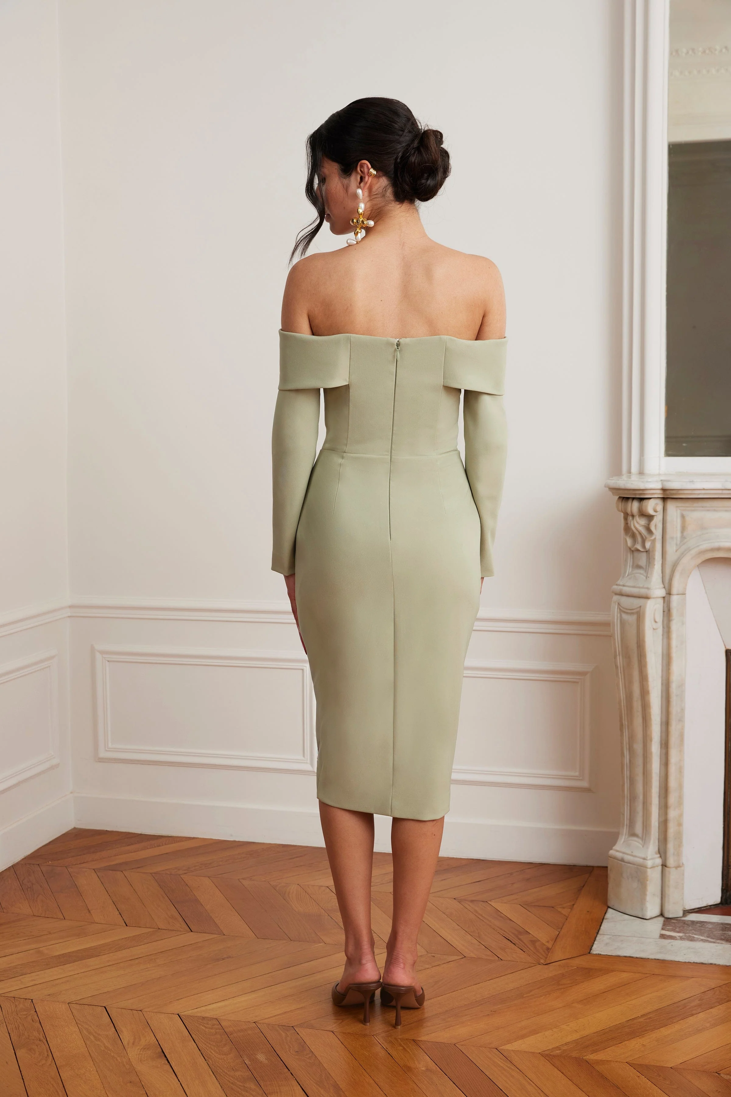 DELPHINE Off Shoulder Corset Midi Wrap Dress In Sage Green - Image 3