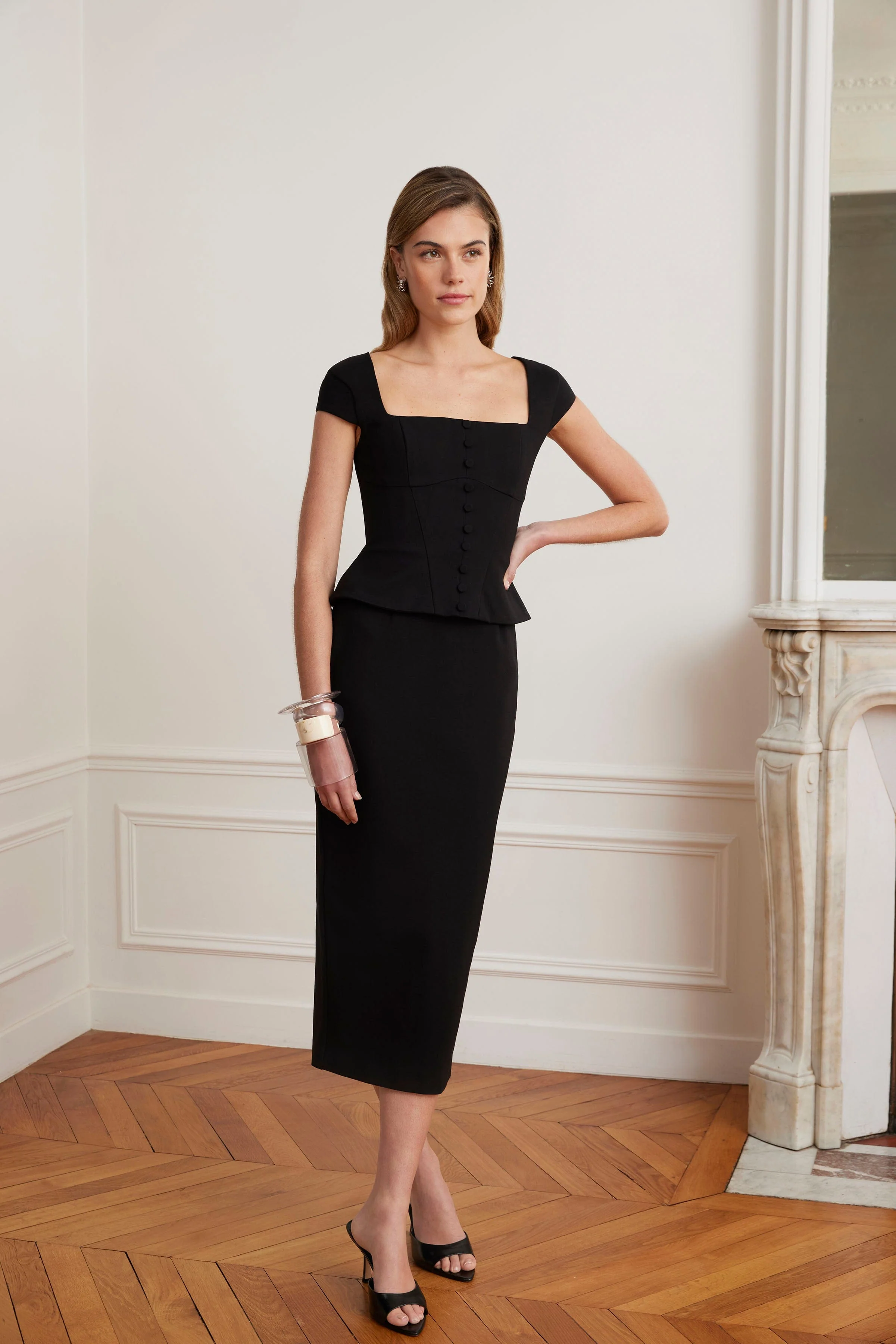 ELISA Corset Peplum Ponte Midi Dress In Black - Image 4