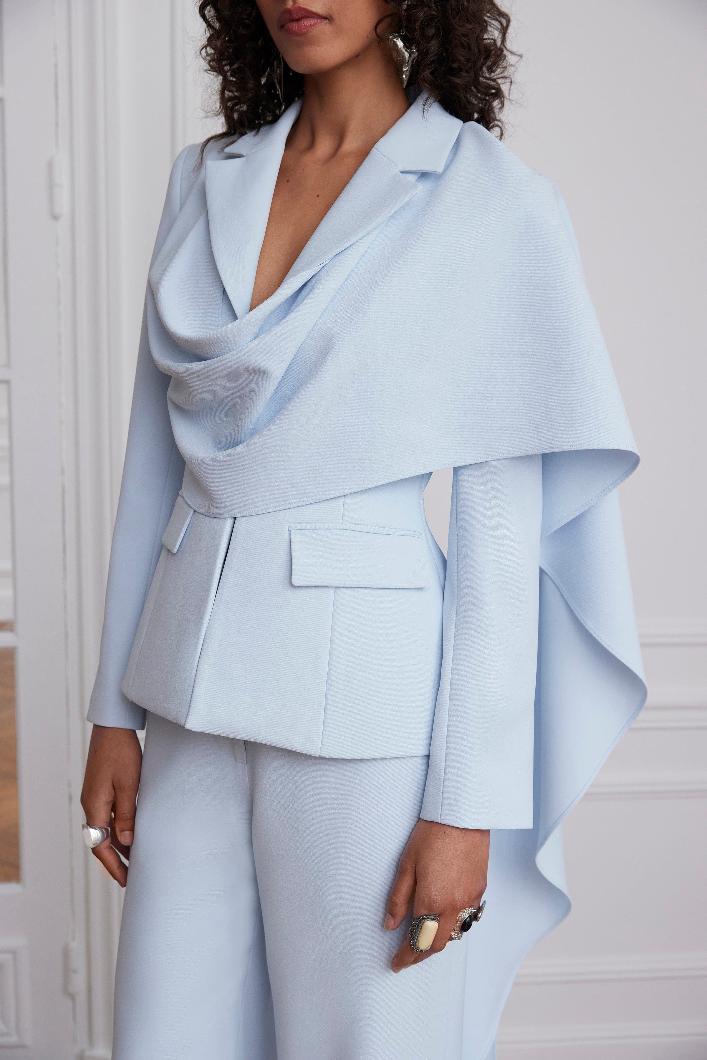 EMBER Cape Scarf Sculptured Blazer In Powder Blue - Image 3