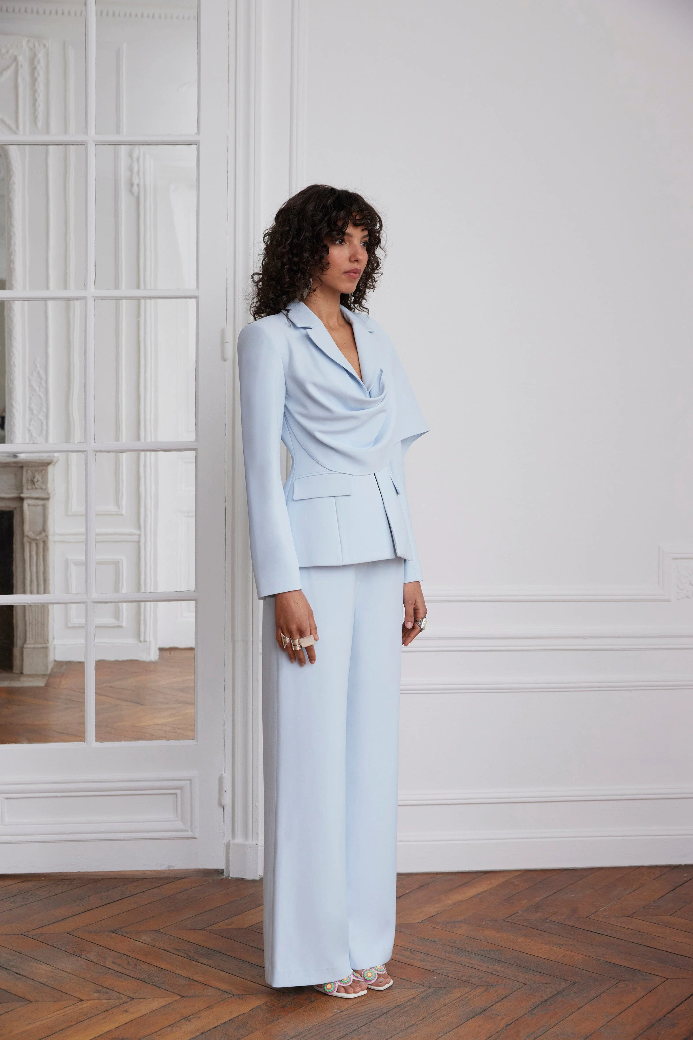 EMBER Cape Scarf Sculptured Blazer In Powder Blue - Image 5