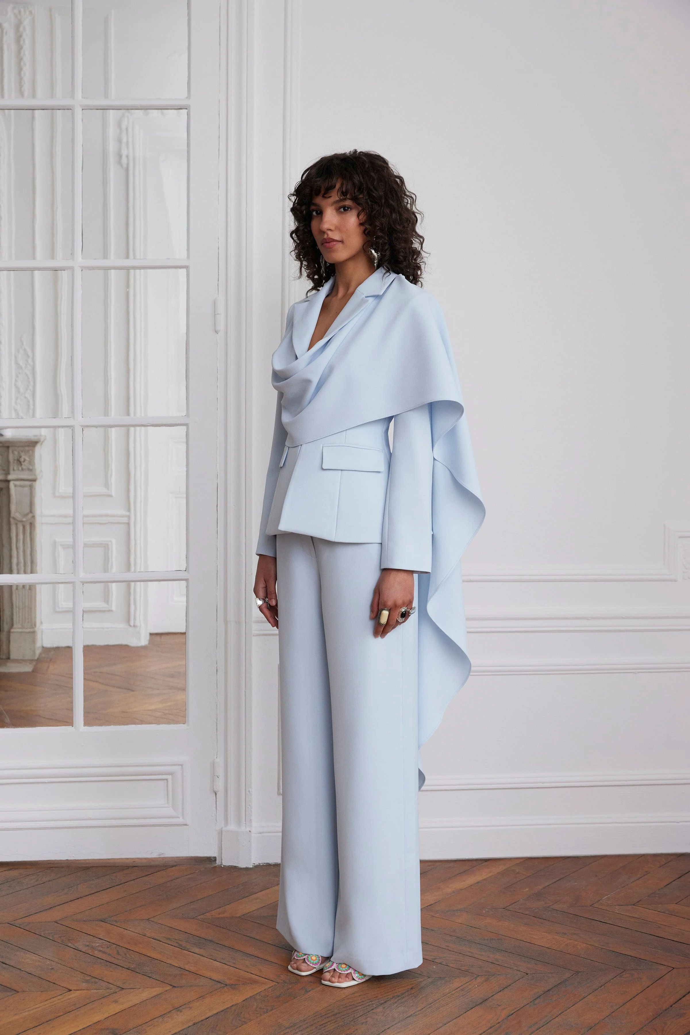 EMBER Cape Scarf Sculptured Blazer In Powder Blue - Image 6