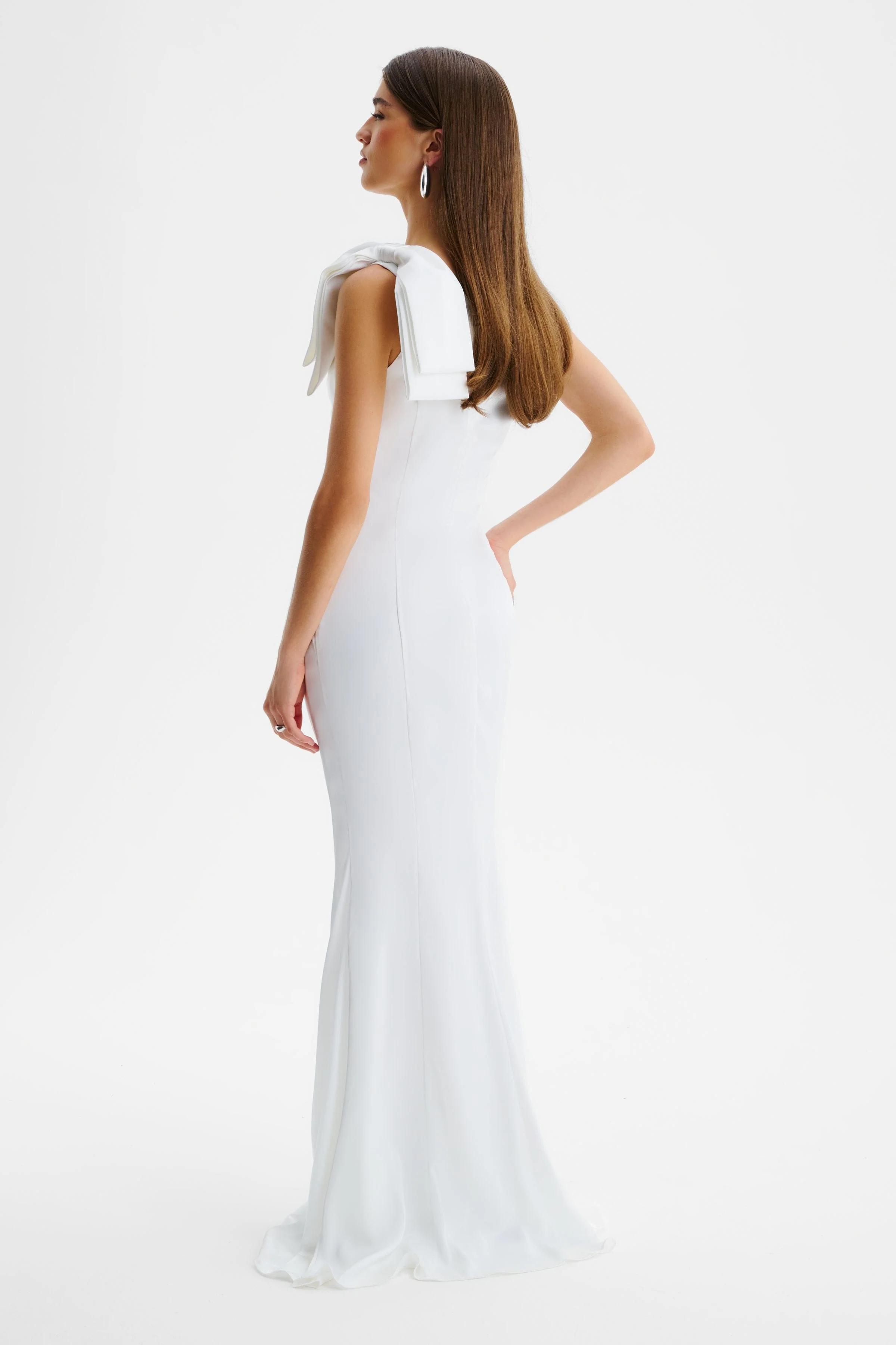EMELIA One Shoulder Bow Pleated Maxi Dress in White - Image 4