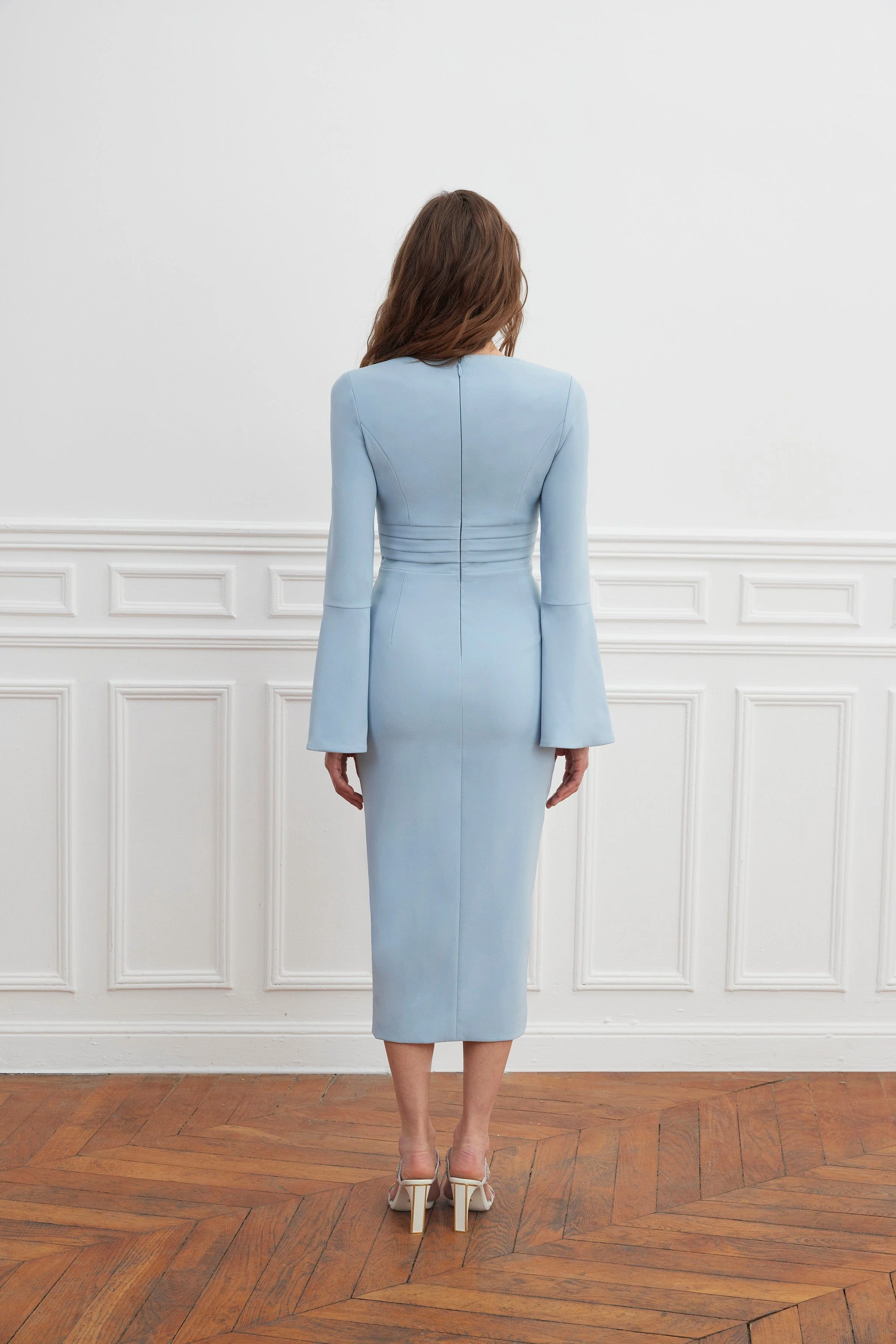EVELINA Micro Button Detail Fluted Sleeve Midi Dress In Powder Blue - Image 3