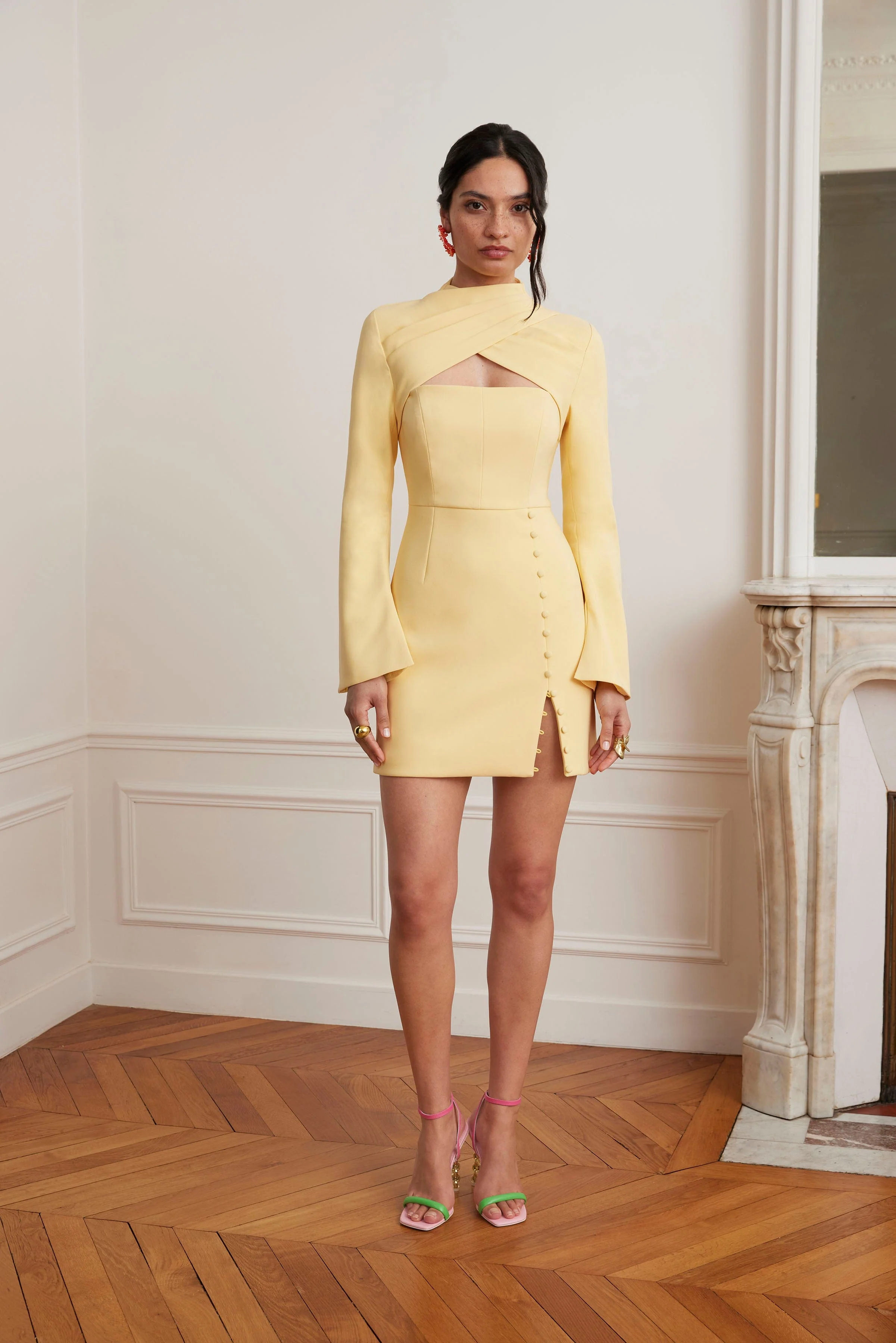FIONA High Neck Tulip Mini Dress In Yellow