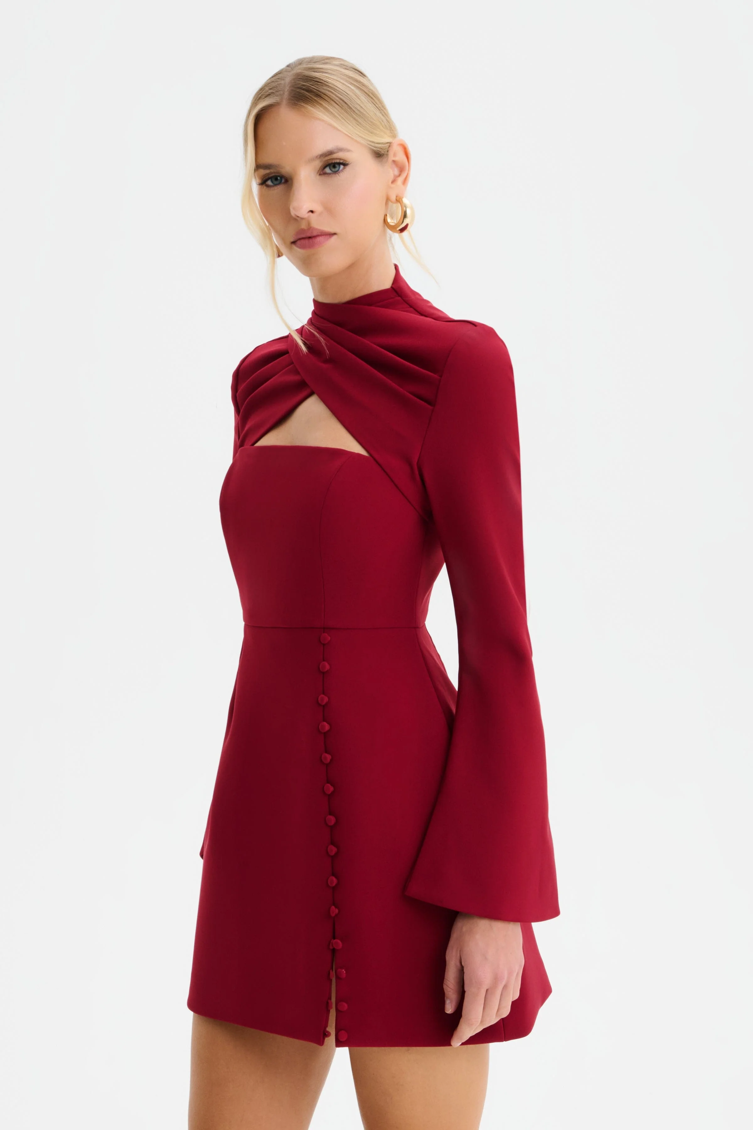 FIONA High Wrap Neck Tulip Mini Dress in Burgundy - Image 3