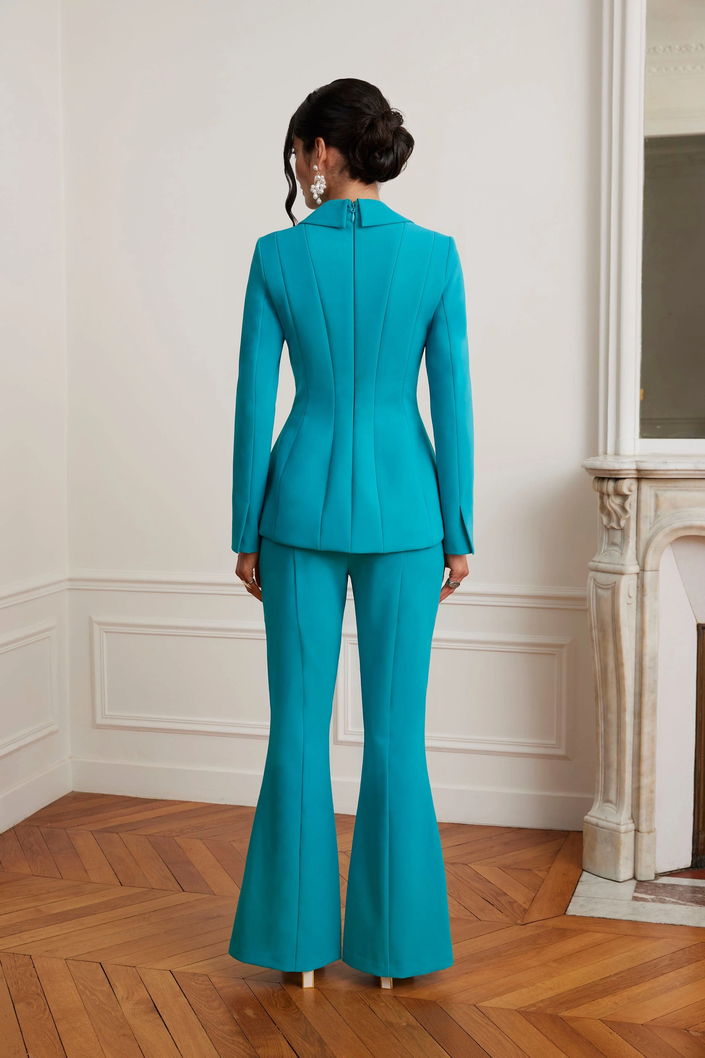 FIORELLA Sculptured Blazer with Gold Bow Hardware in Teal Blue - Image 3