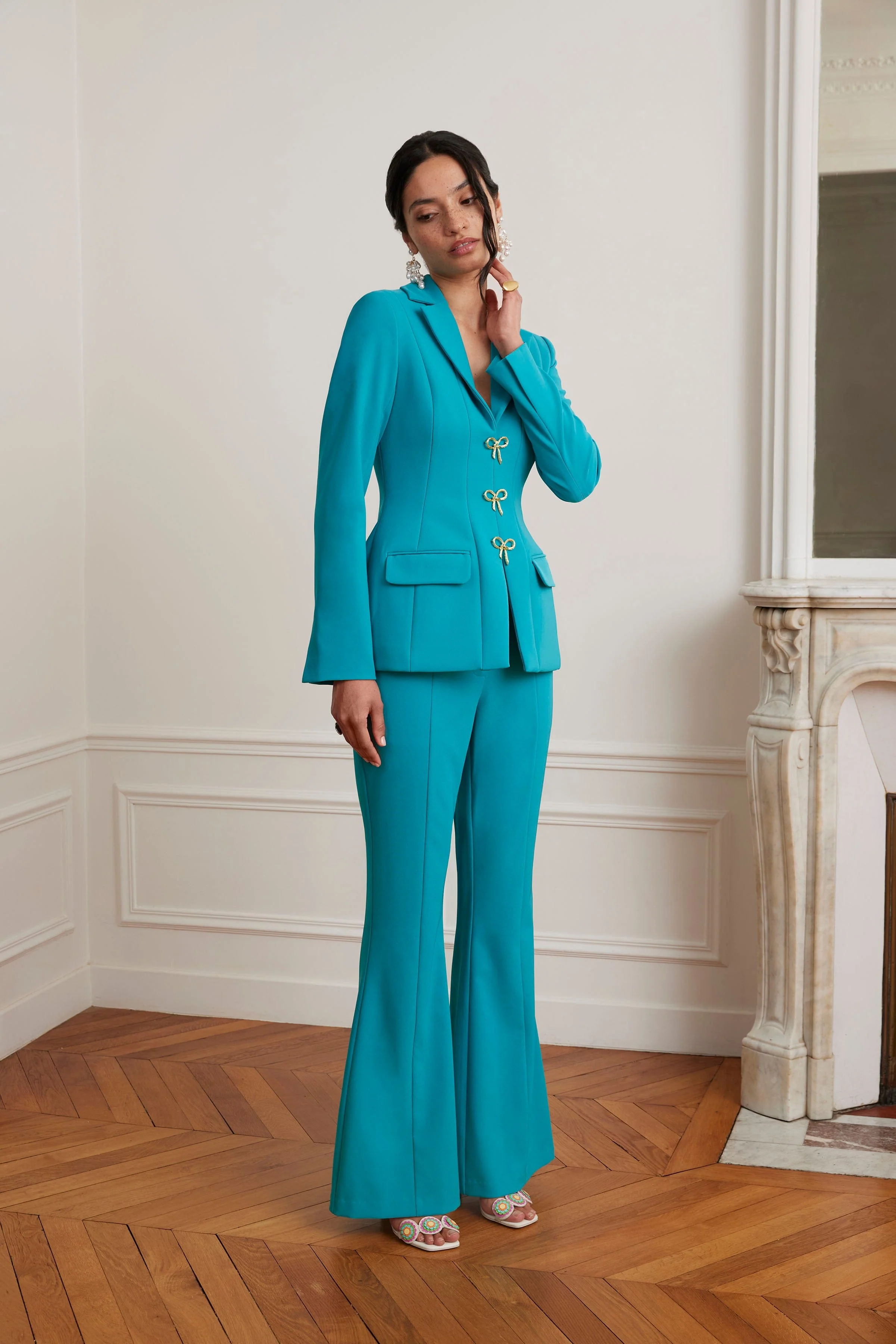 FIORELLA Sculptured Blazer with Gold Bow Hardware in Teal Blue - Image 4