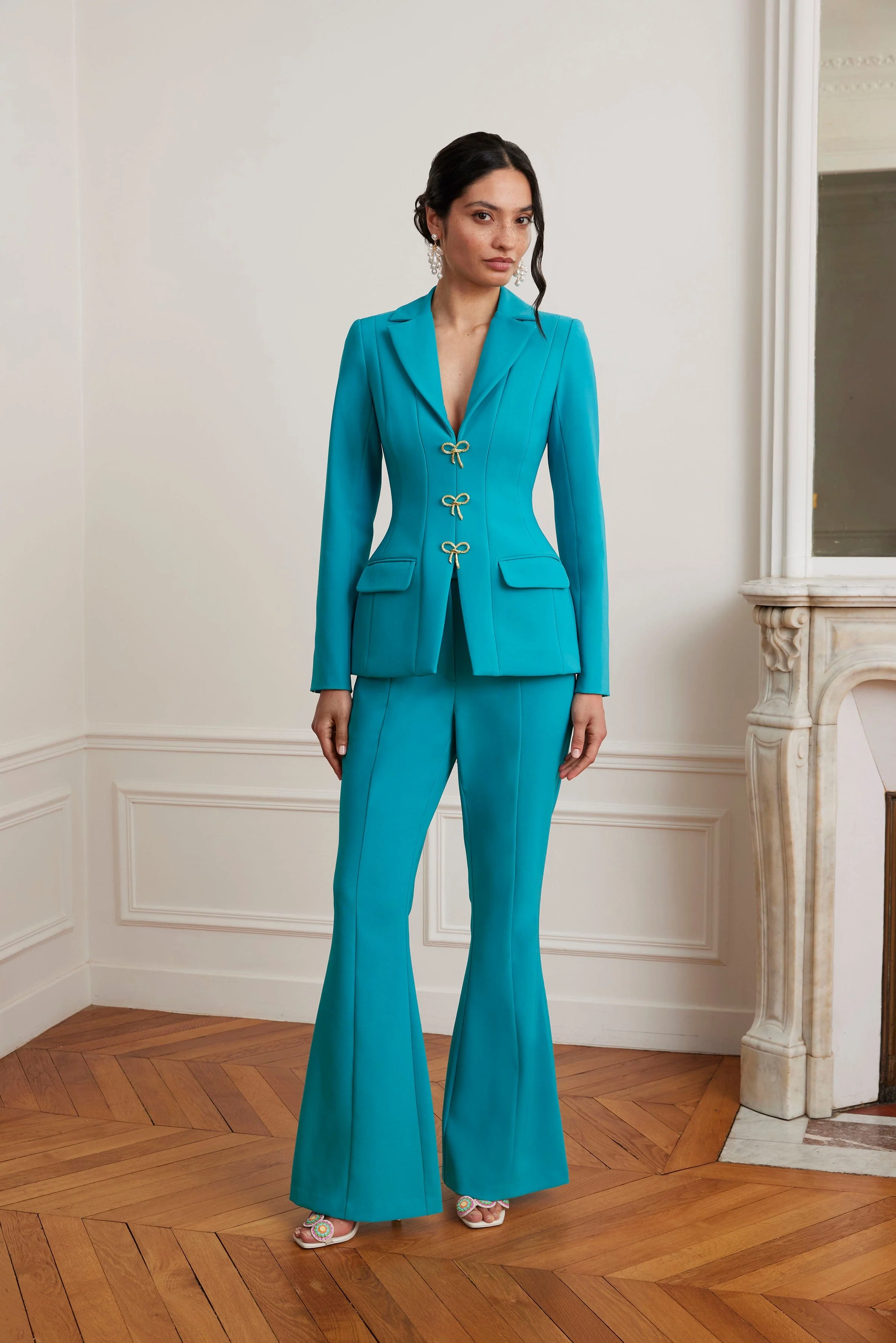 FIORELLA Sculptured Blazer with Gold Bow Hardware in Teal Blue - Image 5