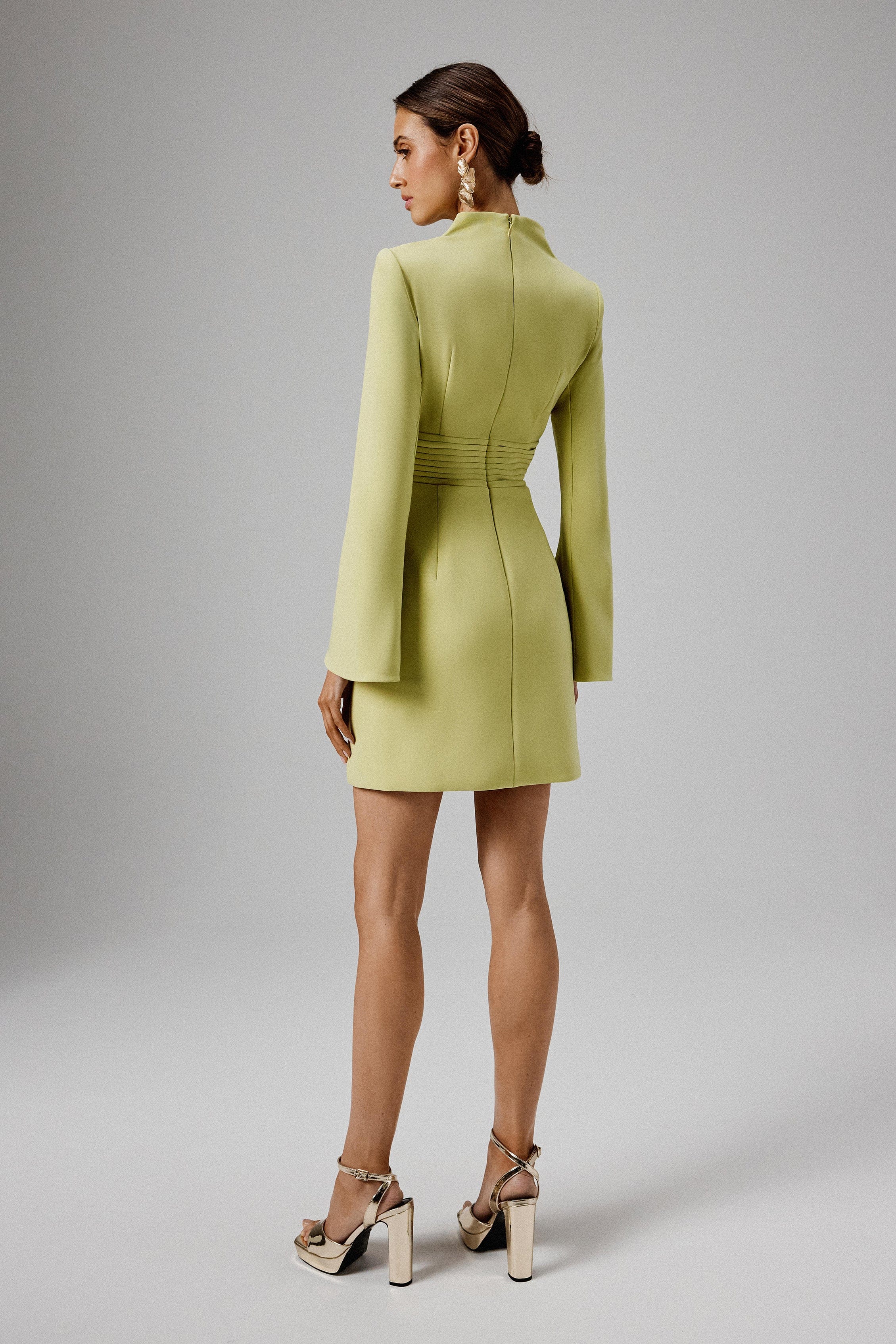 GEMMA High Neck Rose Button Long Sleeve Mini Dress in Lime - Image 5