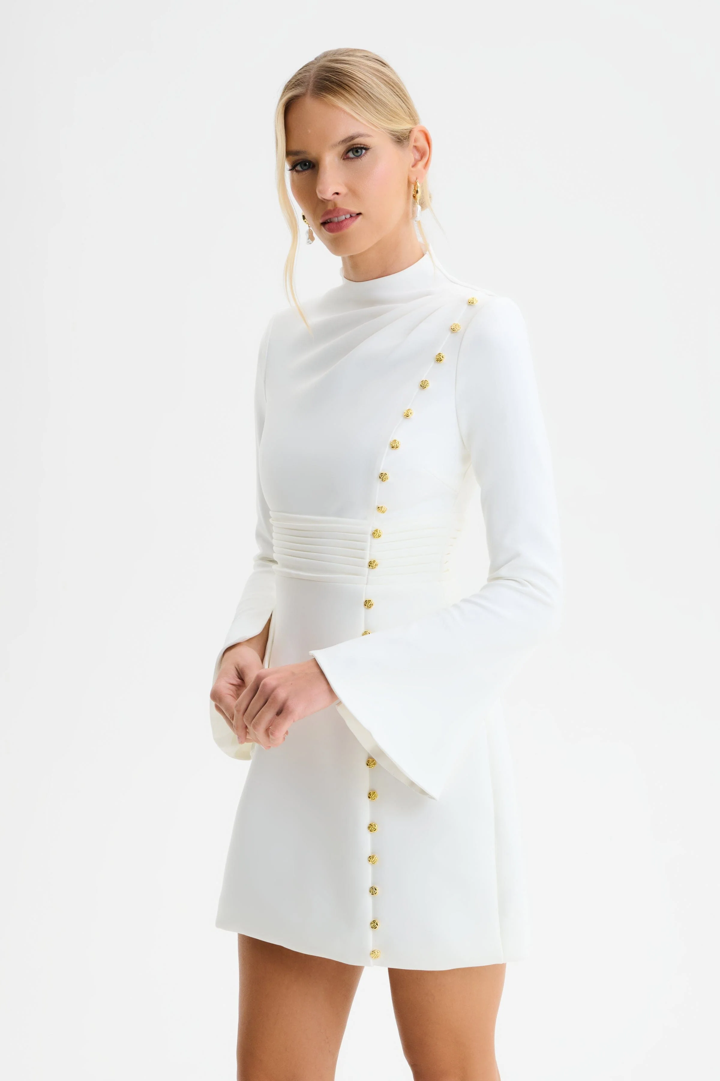 GEMMA High Neck Rose Button Long Sleeve Mini Dress in White - Image 2