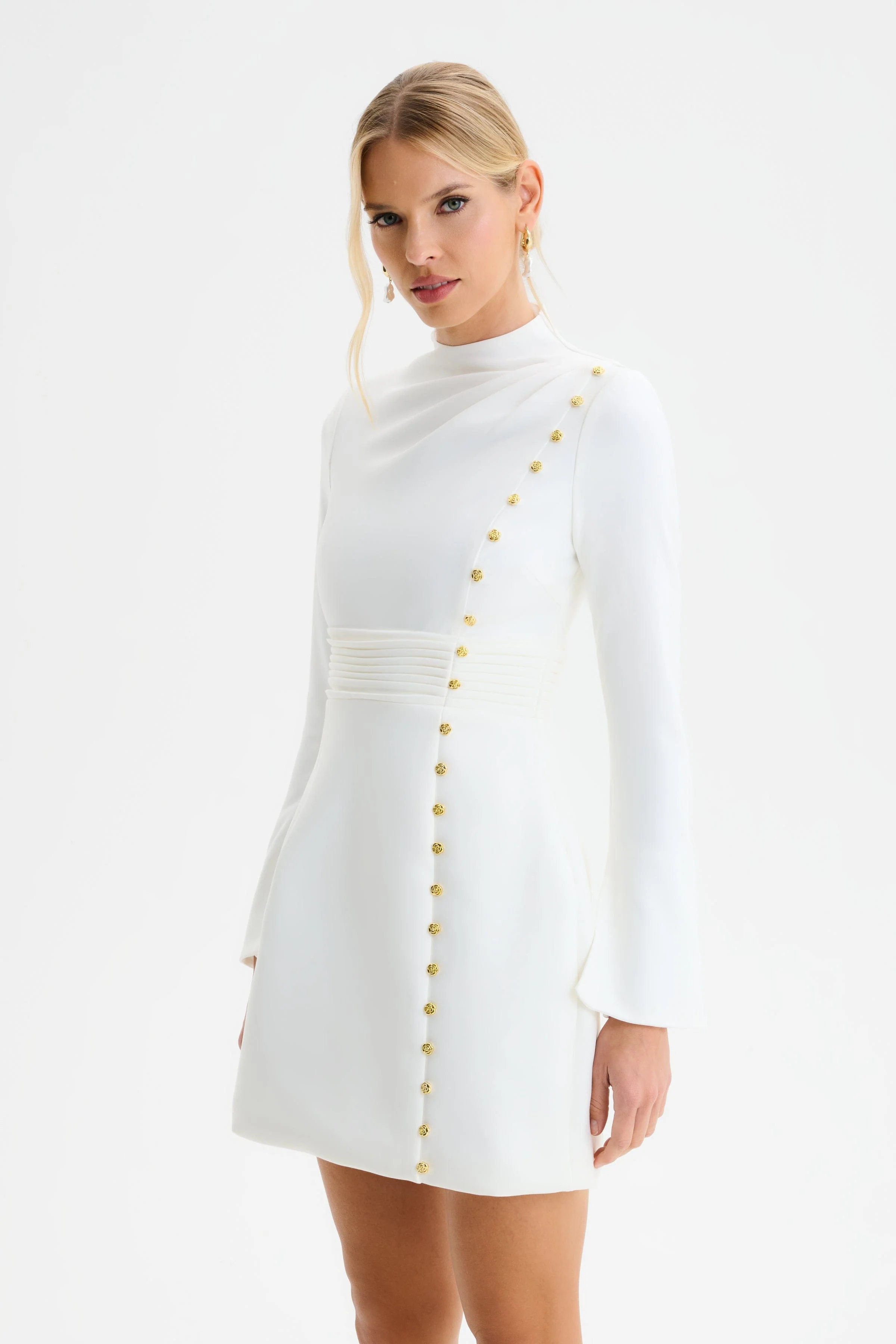 GEMMA High Neck Rose Button Long Sleeve Mini Dress in White - Image 4