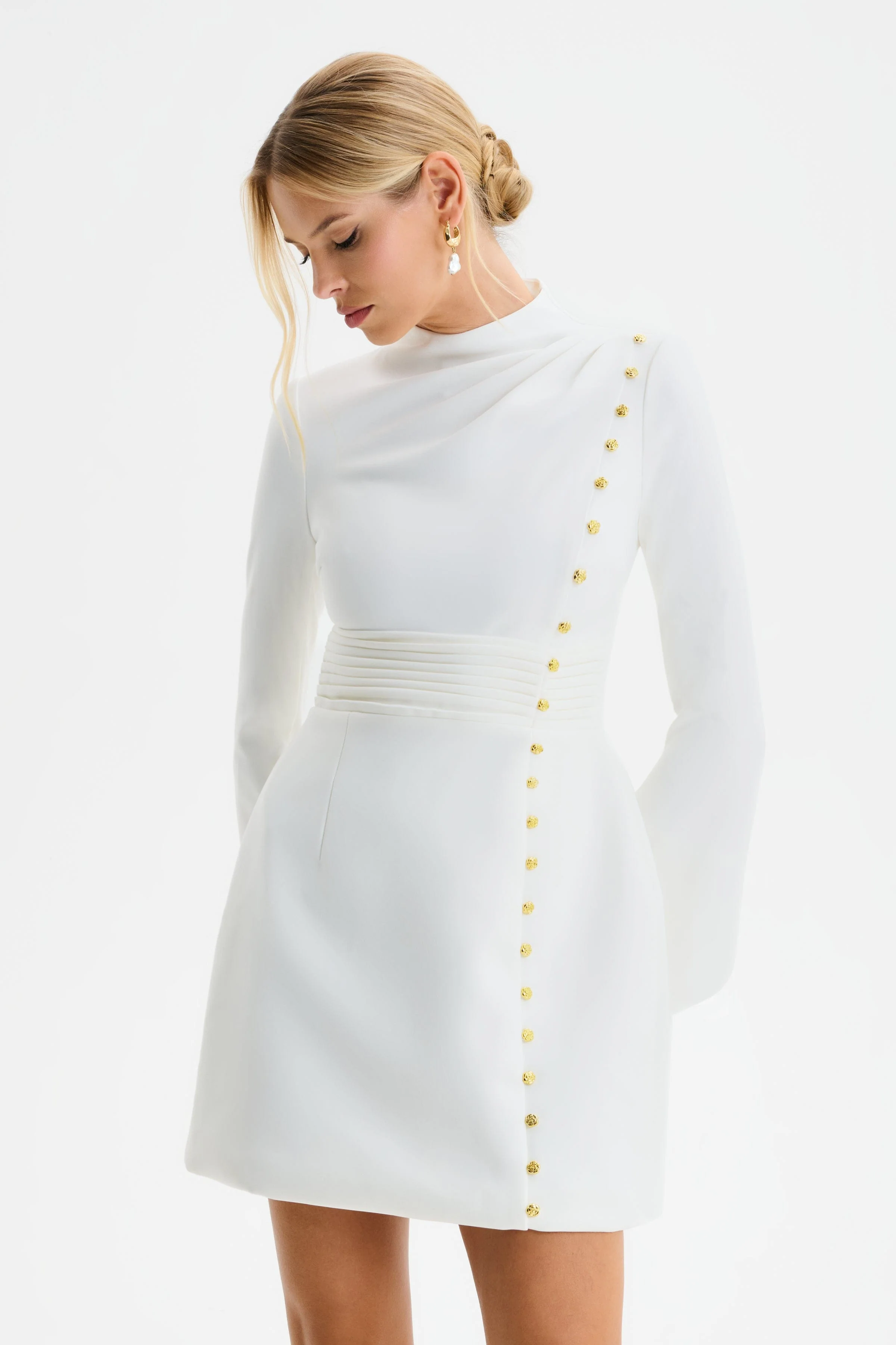 GEMMA High Neck Rose Button Long Sleeve Mini Dress in White - Image 5