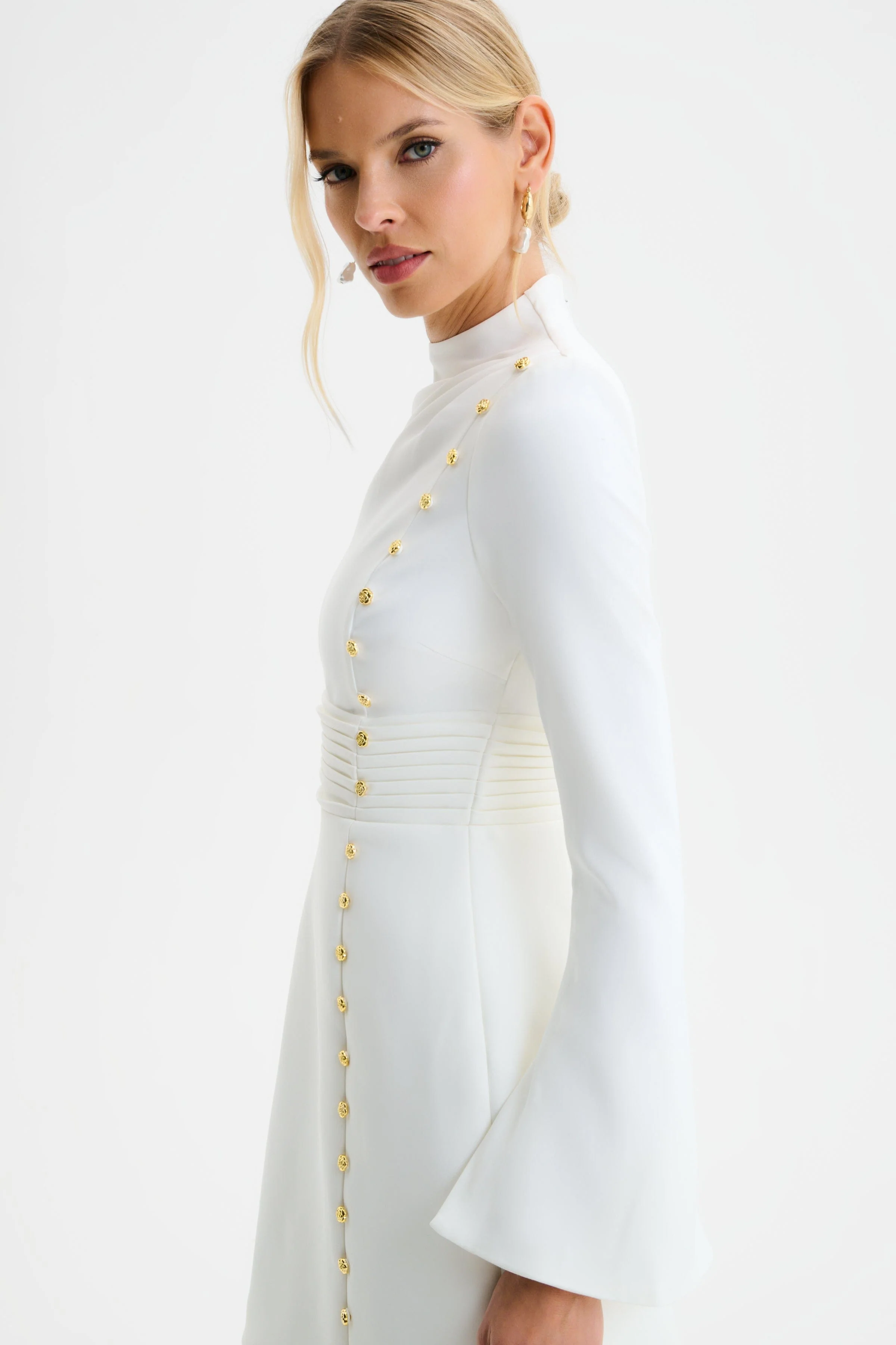 GEMMA High Neck Rose Button Long Sleeve Mini Dress in White - Image 6