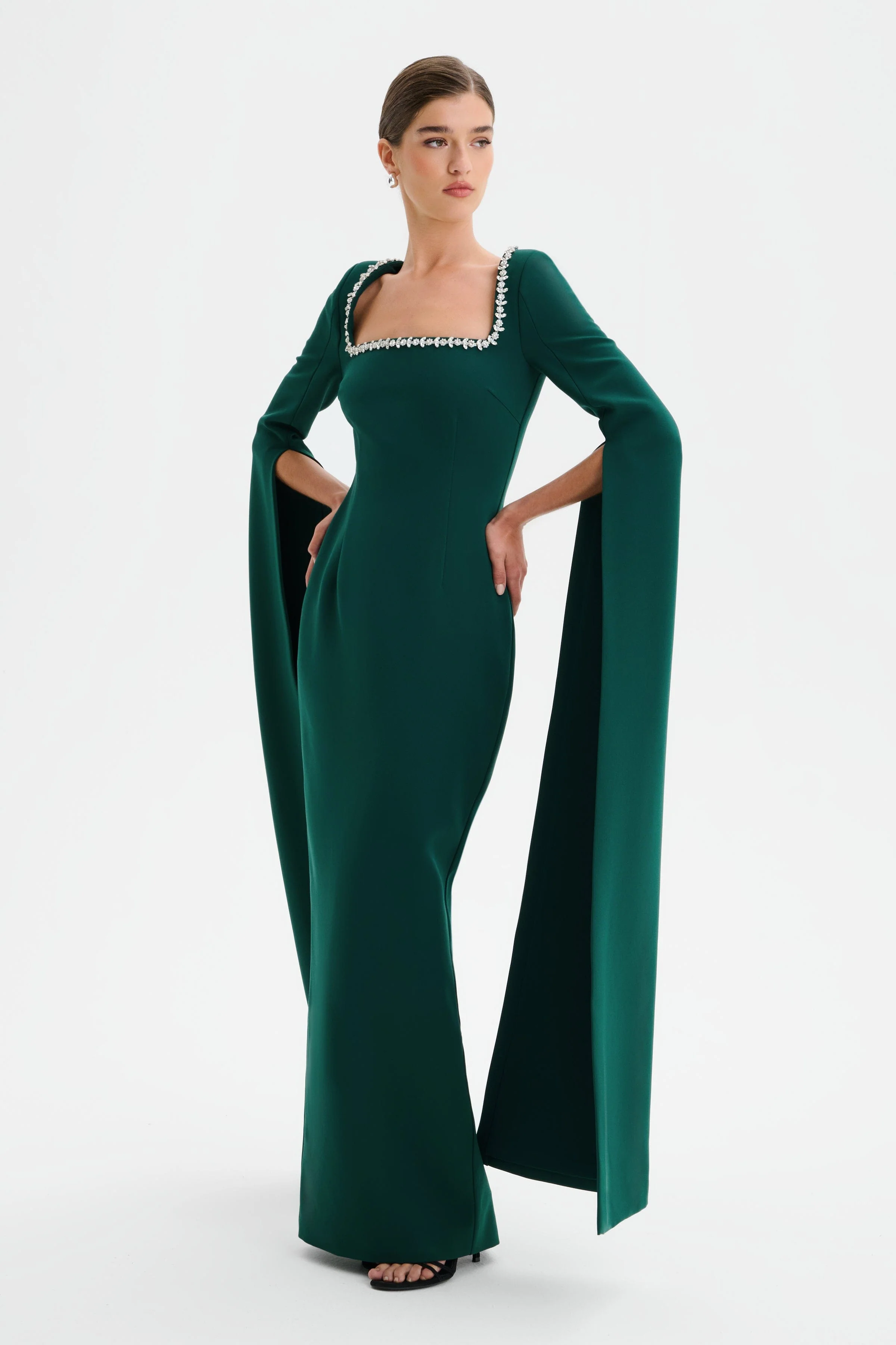 GRACE Square Neck Embellished Cape Sleeve Maxi Dress in Emerald Green - Image 3