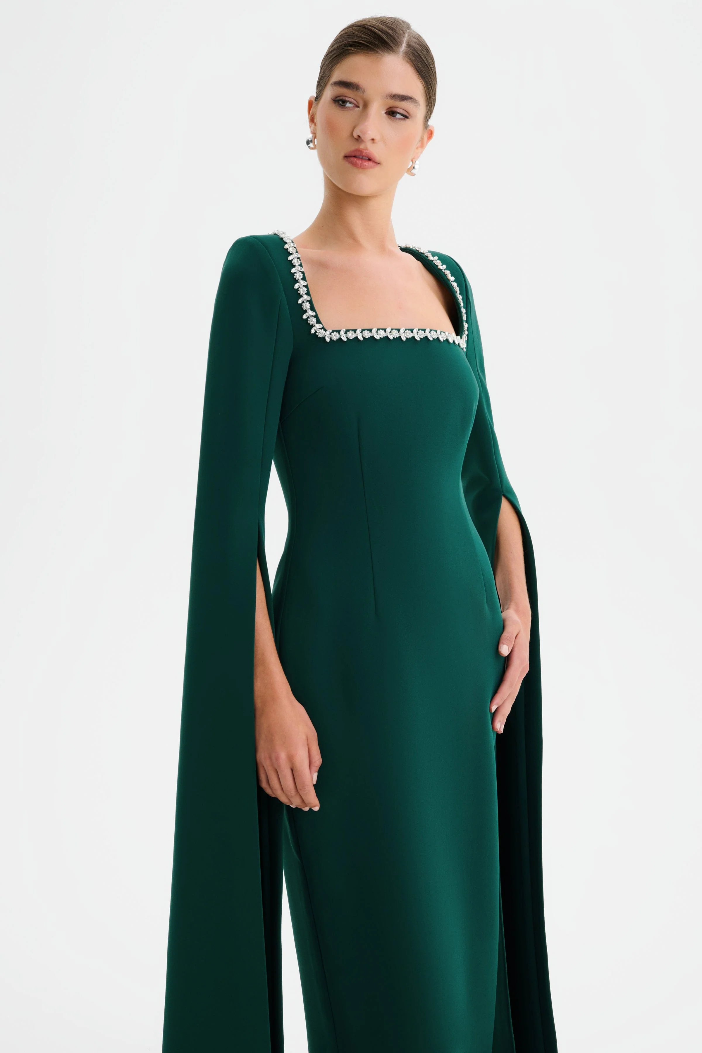 GRACE Square Neck Embellished Cape Sleeve Maxi Dress in Emerald Green - Image 4