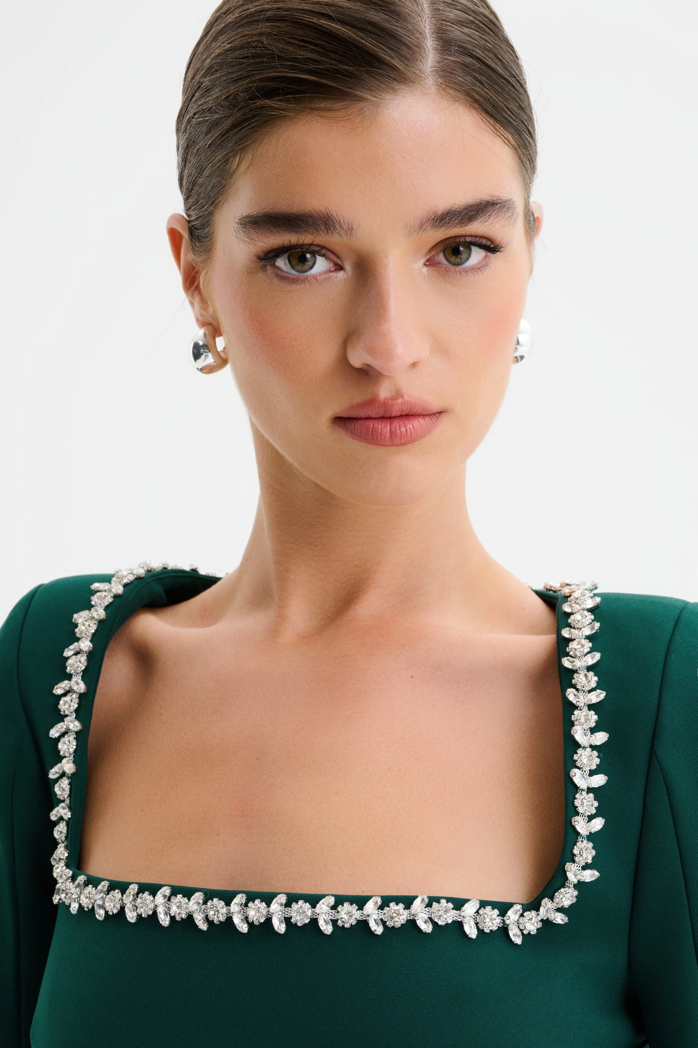 GRACE Square Neck Embellished Cape Sleeve Maxi Dress in Emerald Green - Image 5