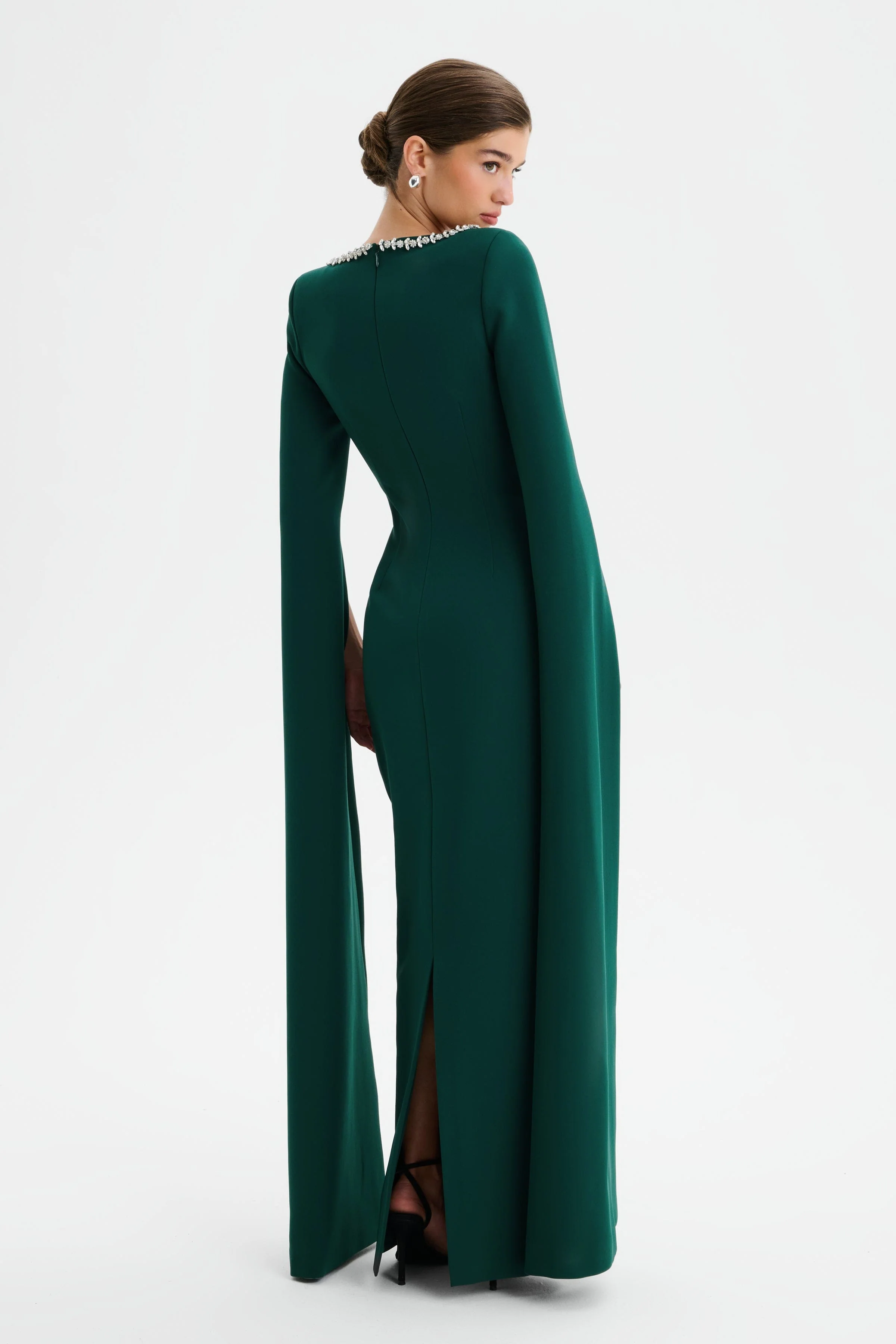 GRACE Square Neck Embellished Cape Sleeve Maxi Dress in Emerald Green - Image 6