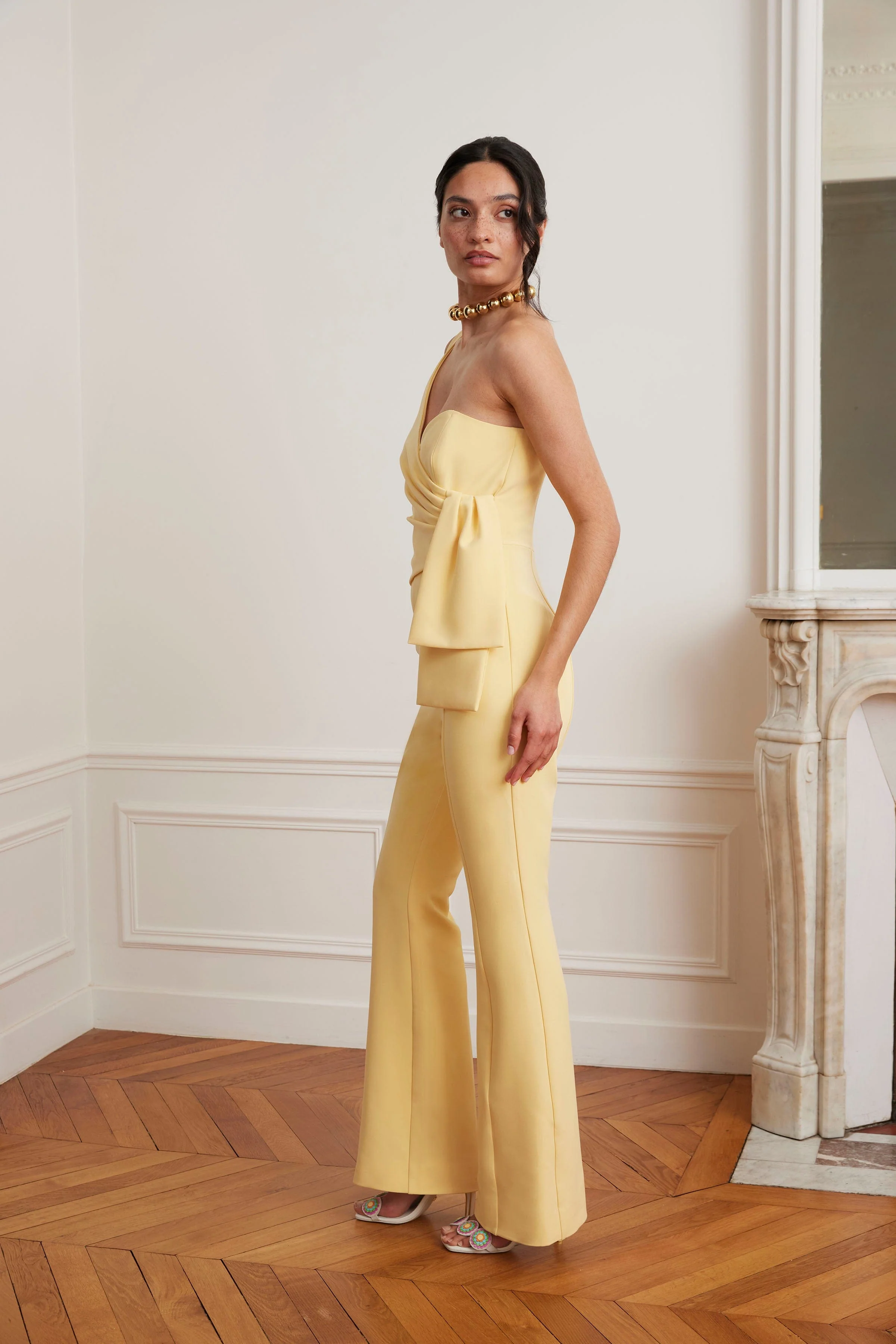 HALLIE One Shoulder Jumpsuit With Bow Detail In Yellow - Image 3