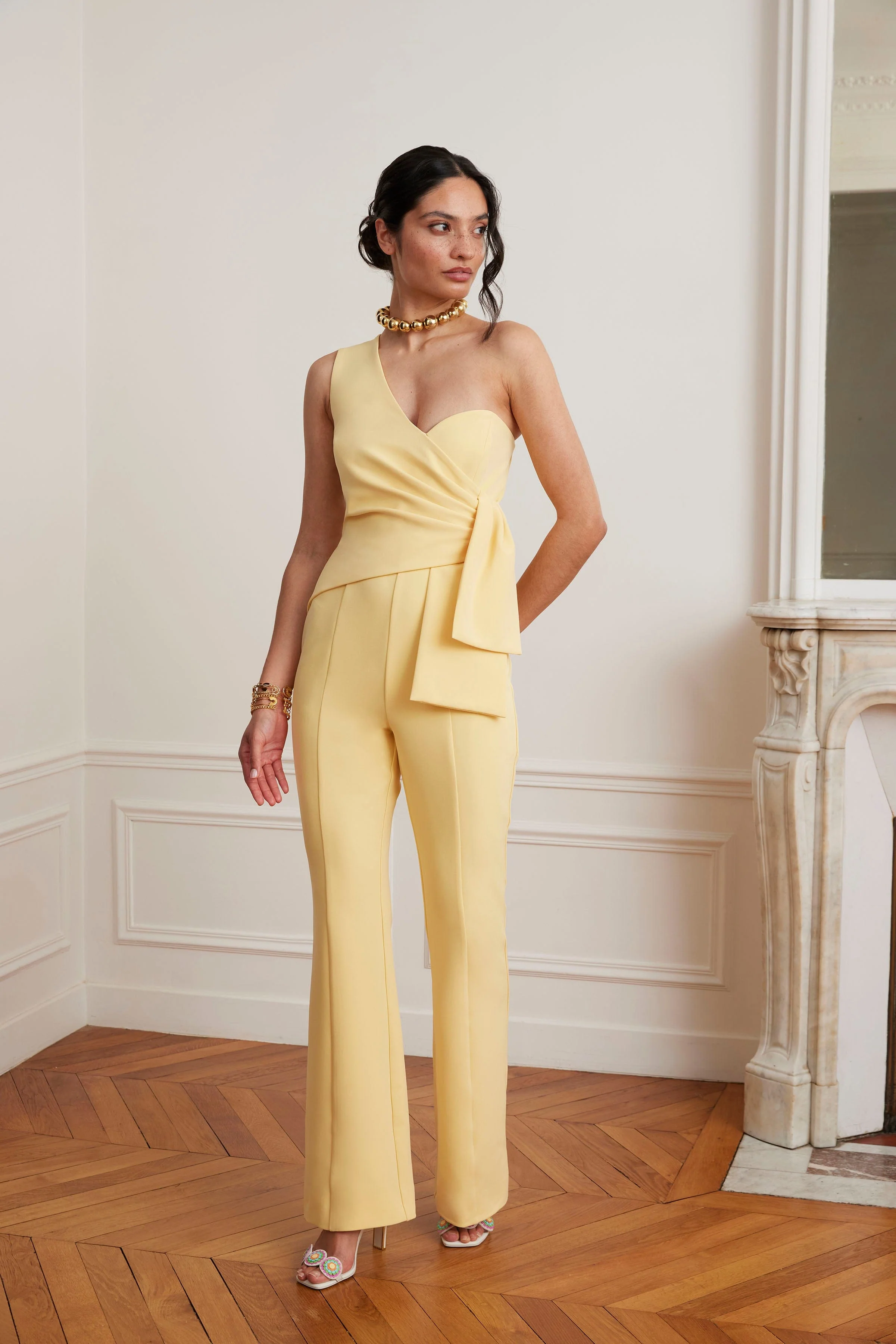 HALLIE One Shoulder Jumpsuit With Bow Detail In Yellow - Image 5