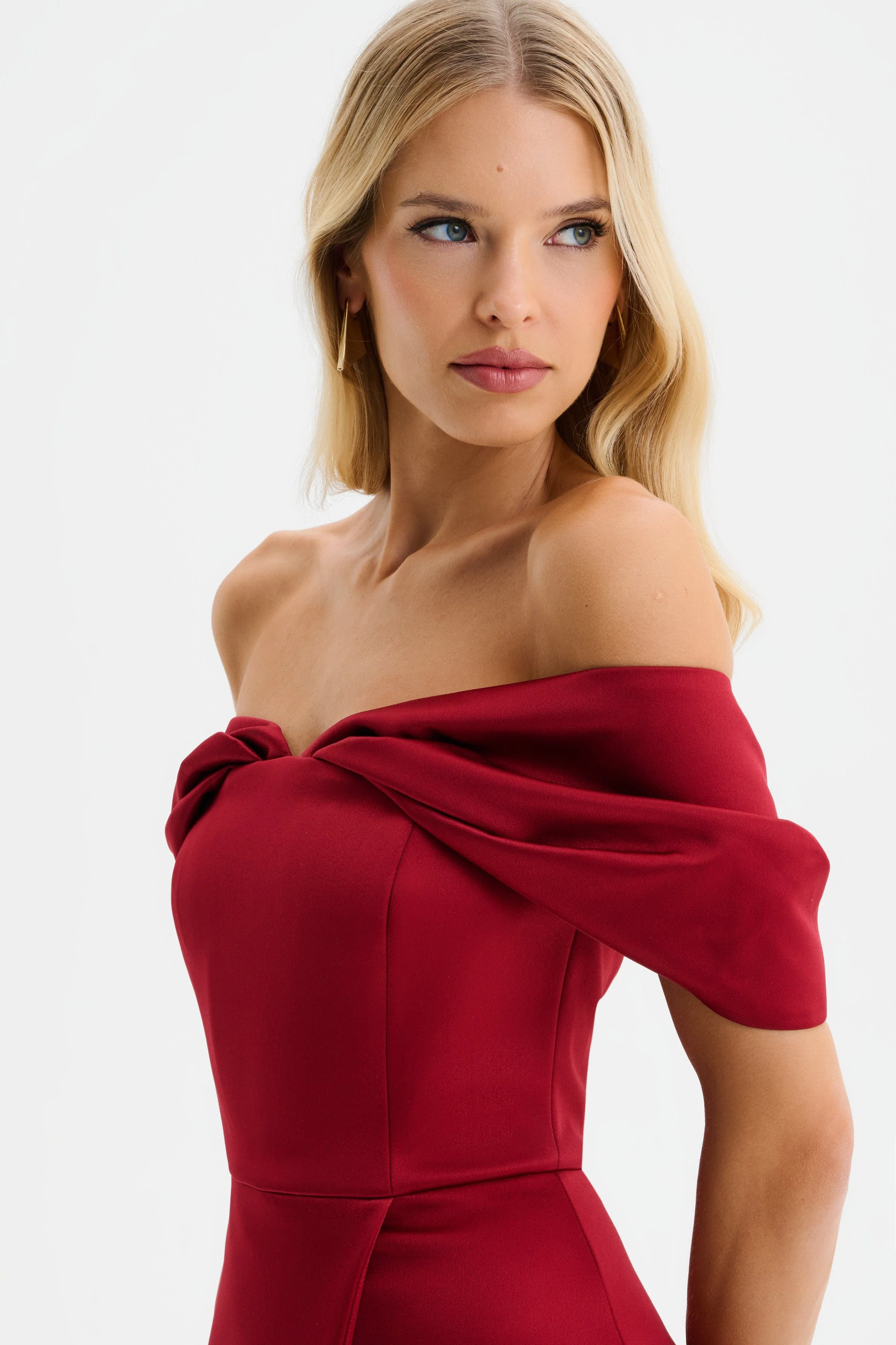 HARLEEN Draped Bardot Bonded Satin Midi Dress in Burgundy - Image 3