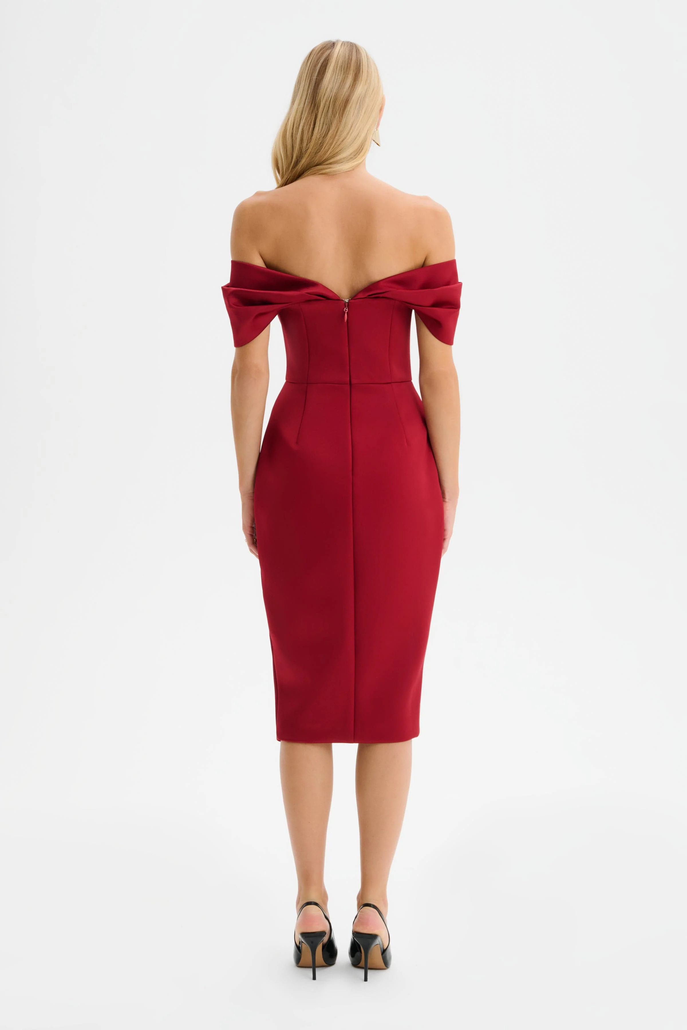 HARLEEN Draped Bardot Bonded Satin Midi Dress in Burgundy - Image 4
