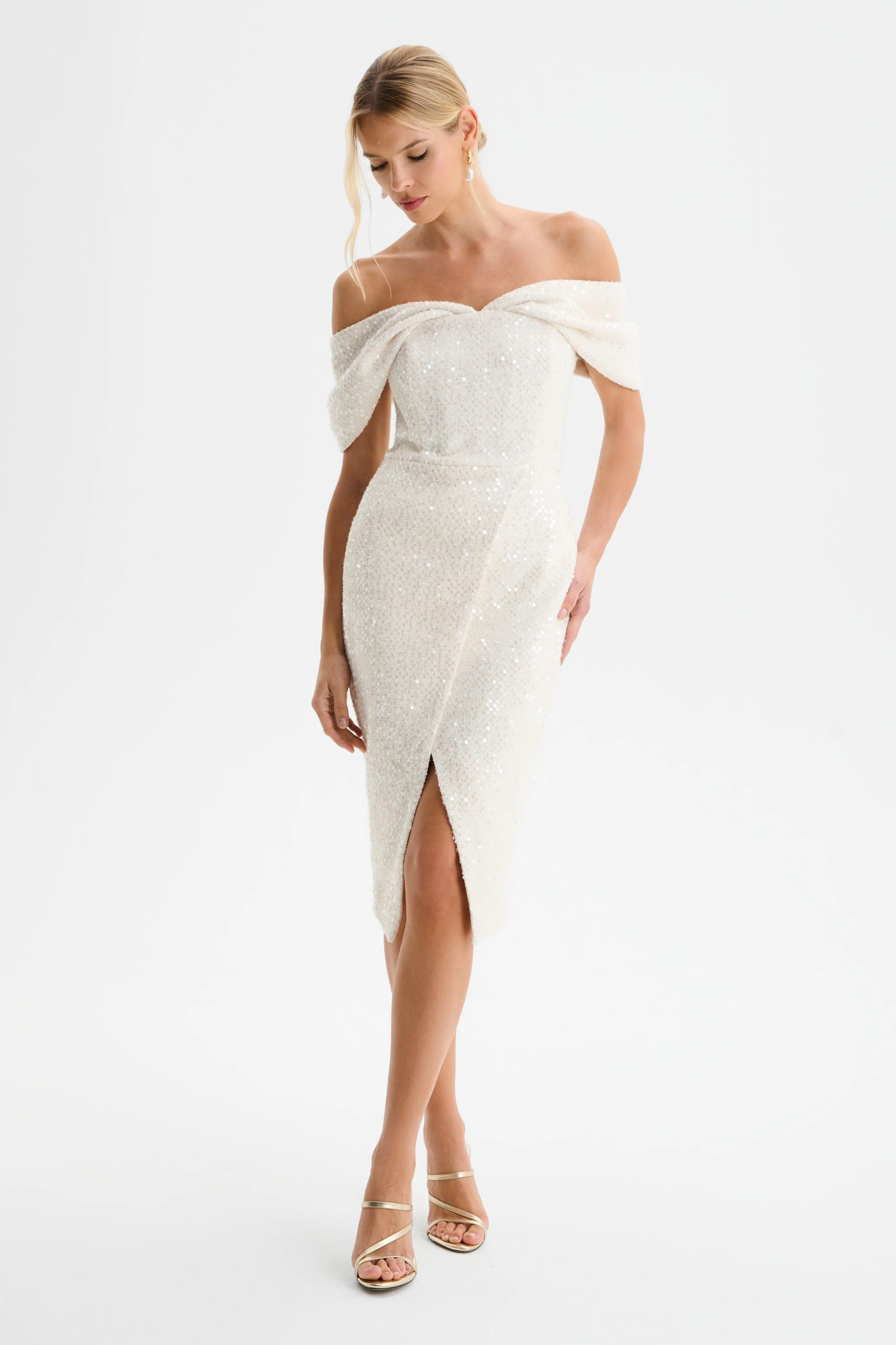 HARLEEN Draped Bardot Sequin Boucle Midi Dress in Beige