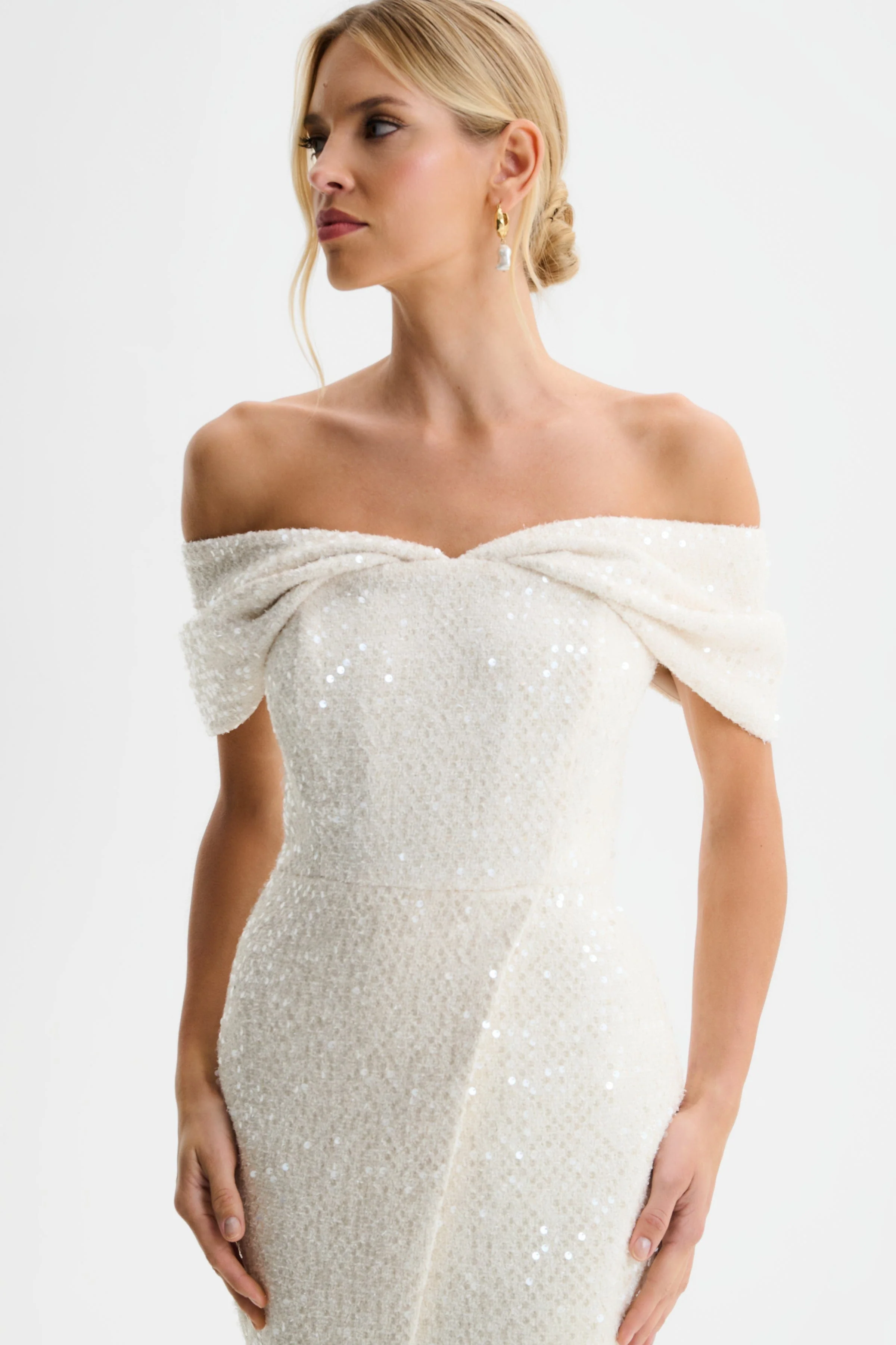 HARLEEN Draped Bardot Sequin Boucle Midi Dress in Beige - Image 2