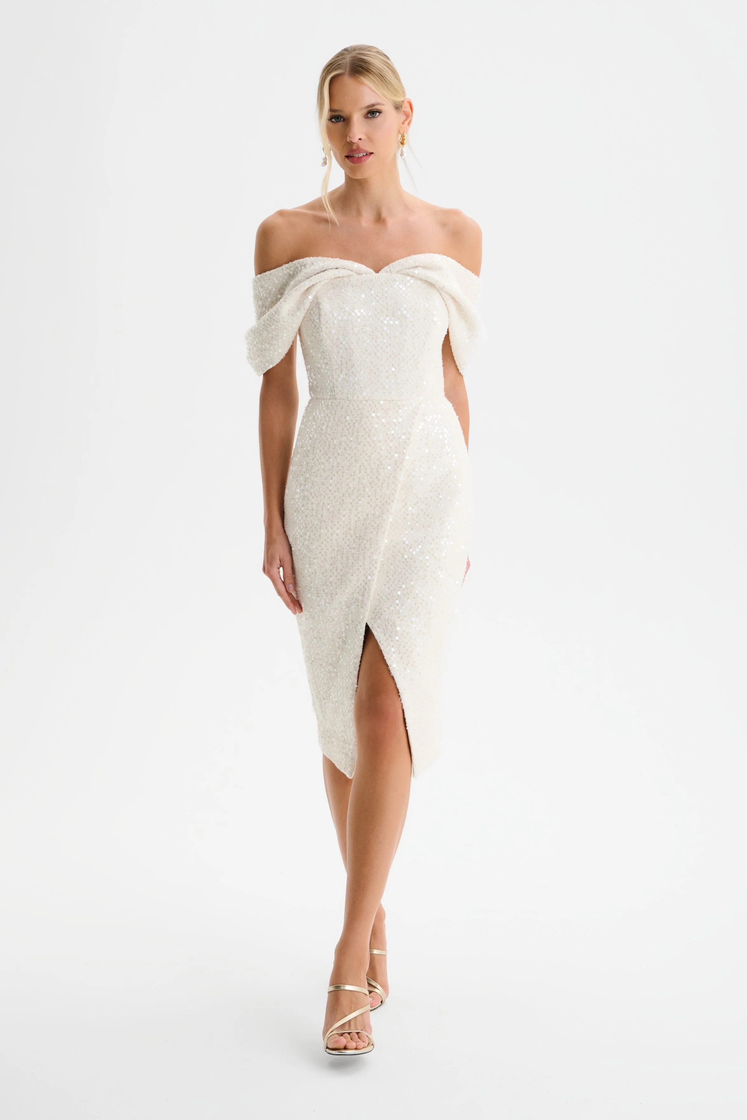 HARLEEN Draped Bardot Sequin Boucle Midi Dress in Beige - Image 3
