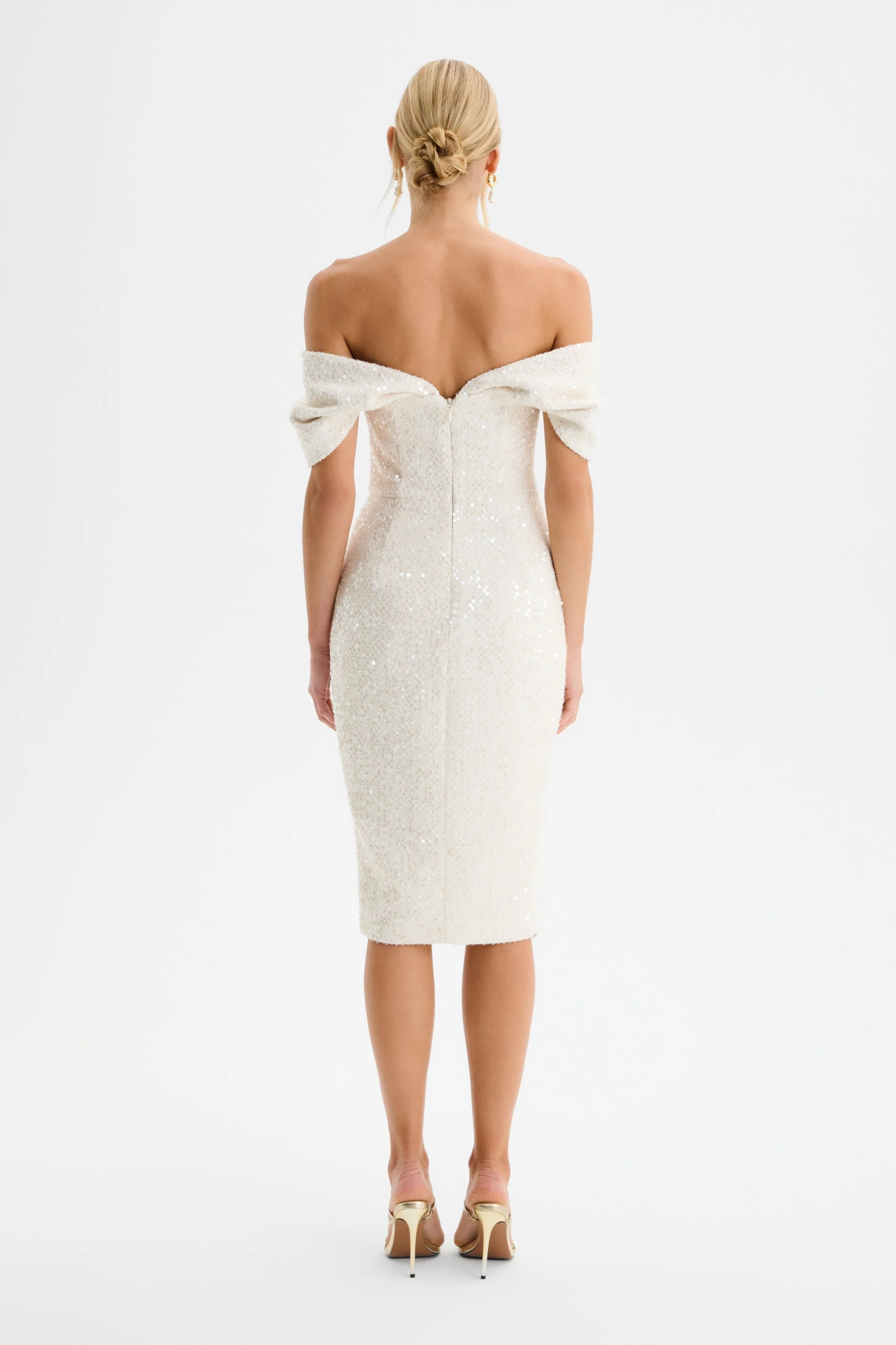HARLEEN Draped Bardot Sequin Boucle Midi Dress in Beige - Image 5