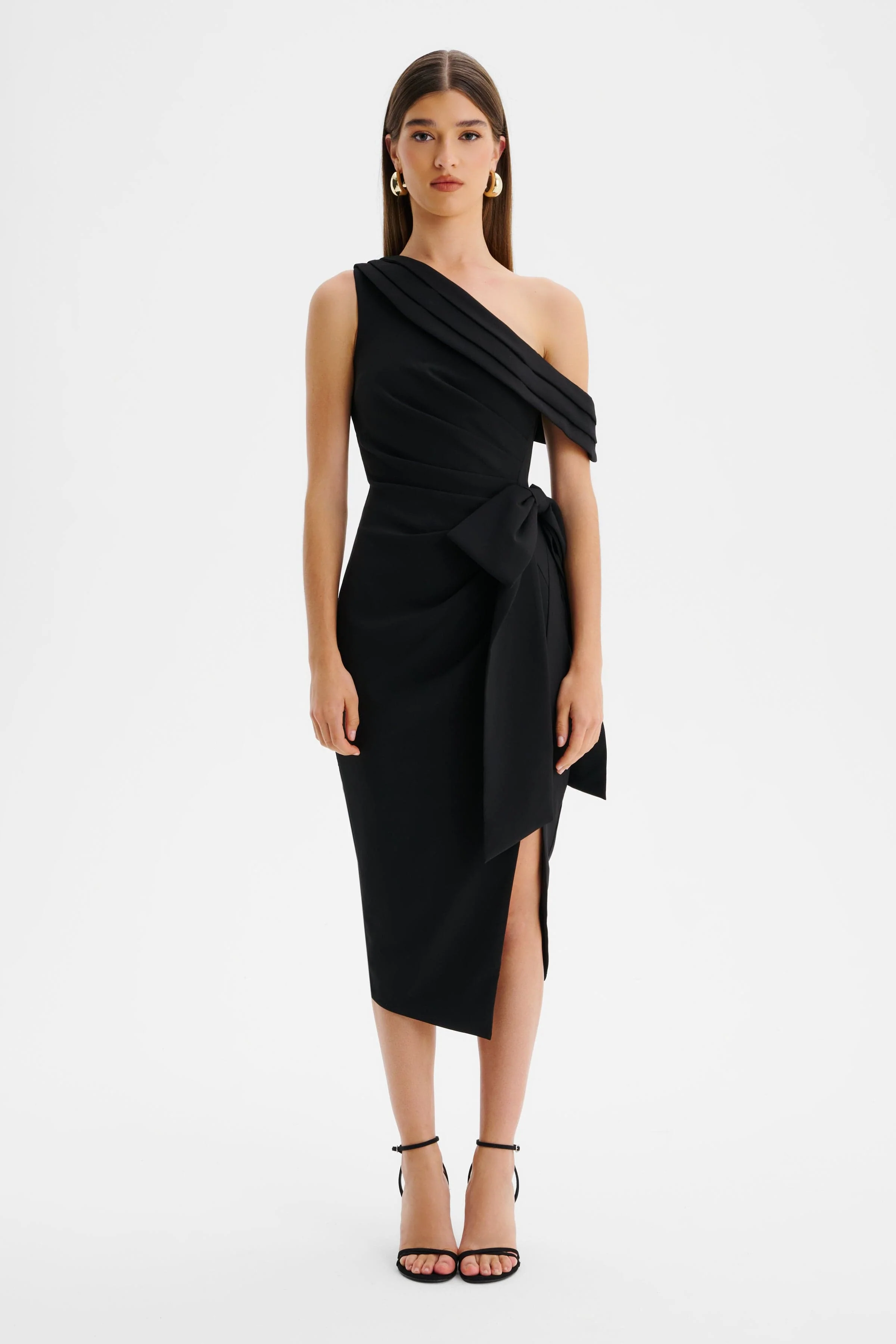 HONEY One Shoulder Pleated Bow Midi Dress in Black - Image 3