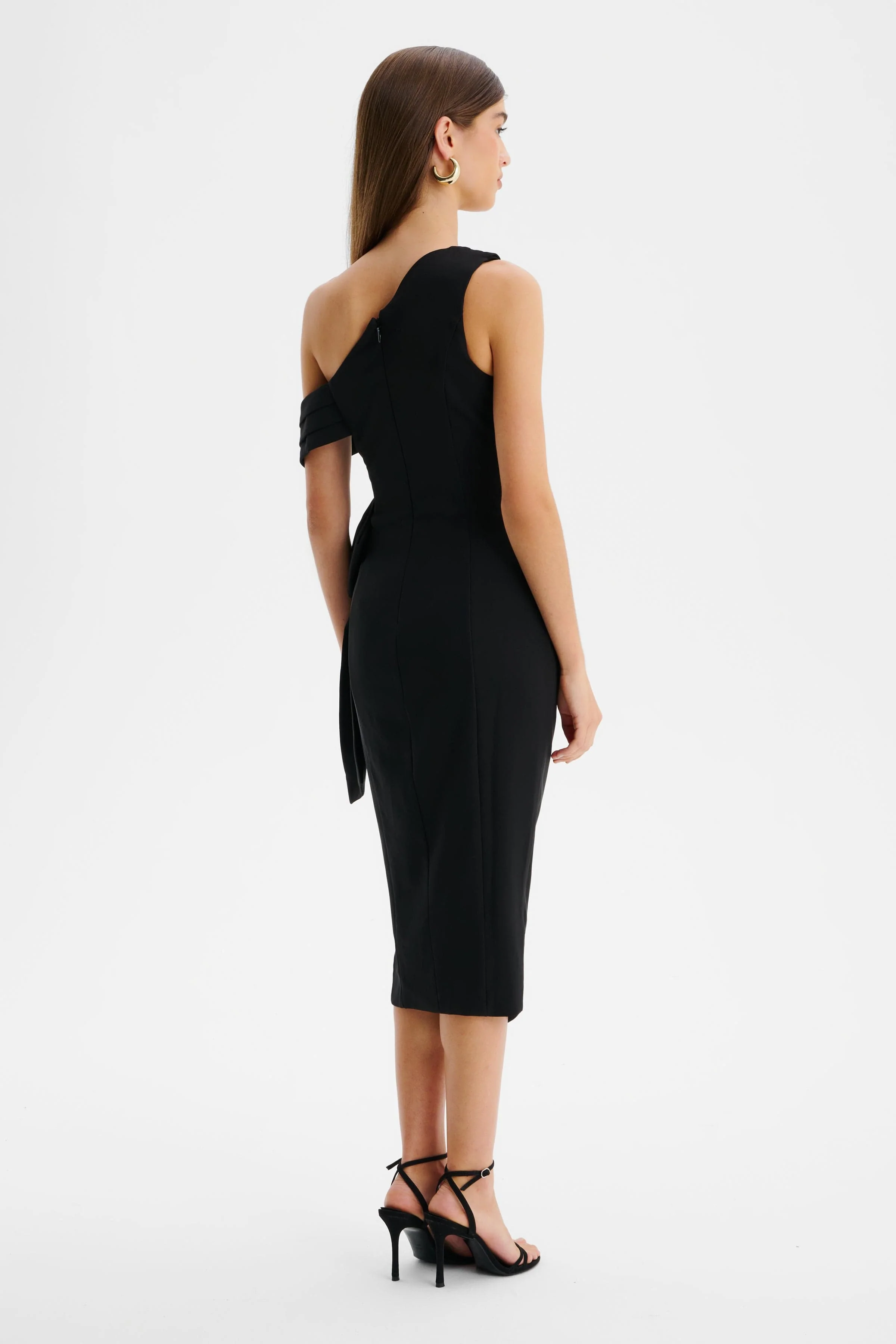 HONEY One Shoulder Pleated Bow Midi Dress in Black - Image 6
