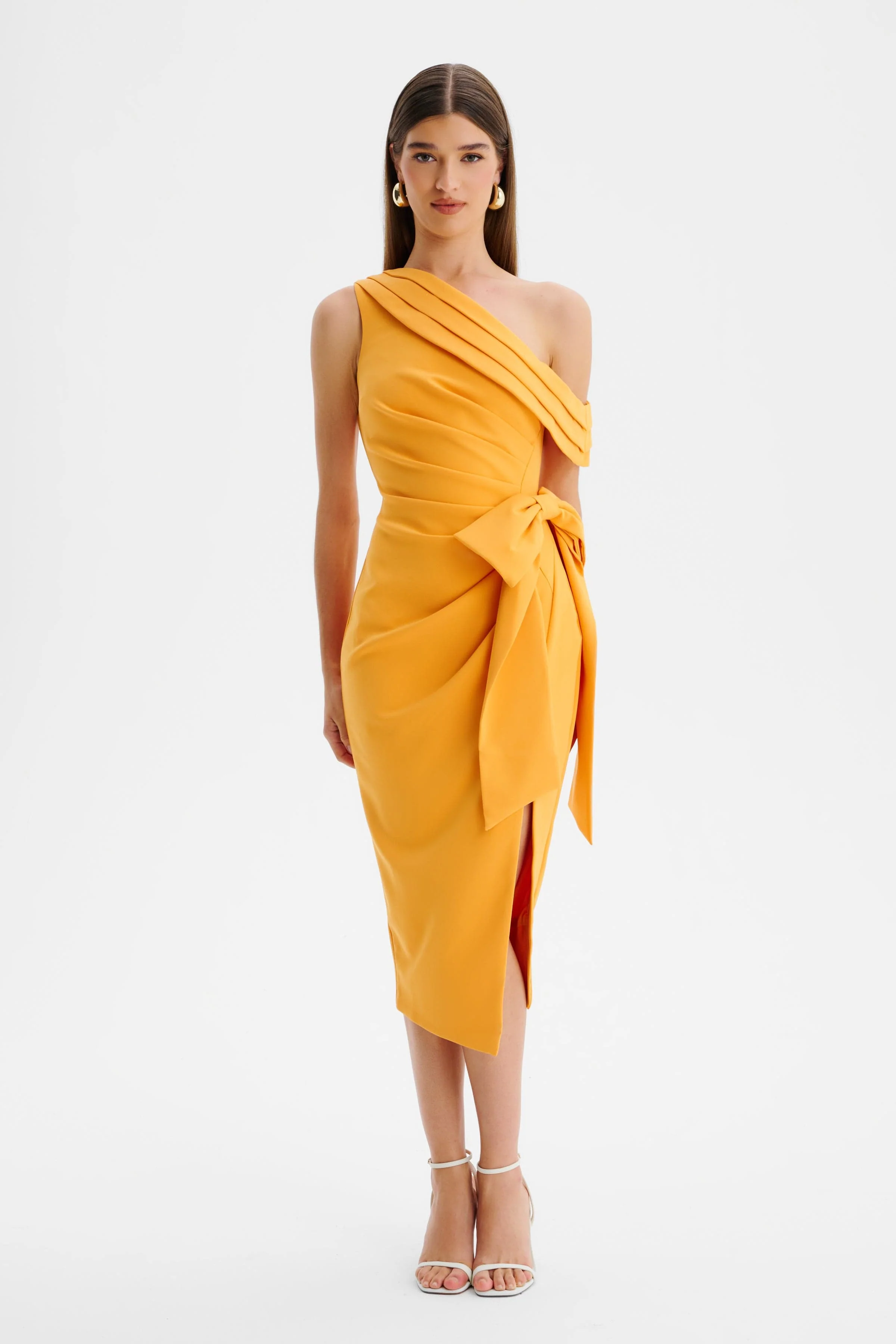 HONEY One Shoulder Pleated Bow Midi Dress in Orange