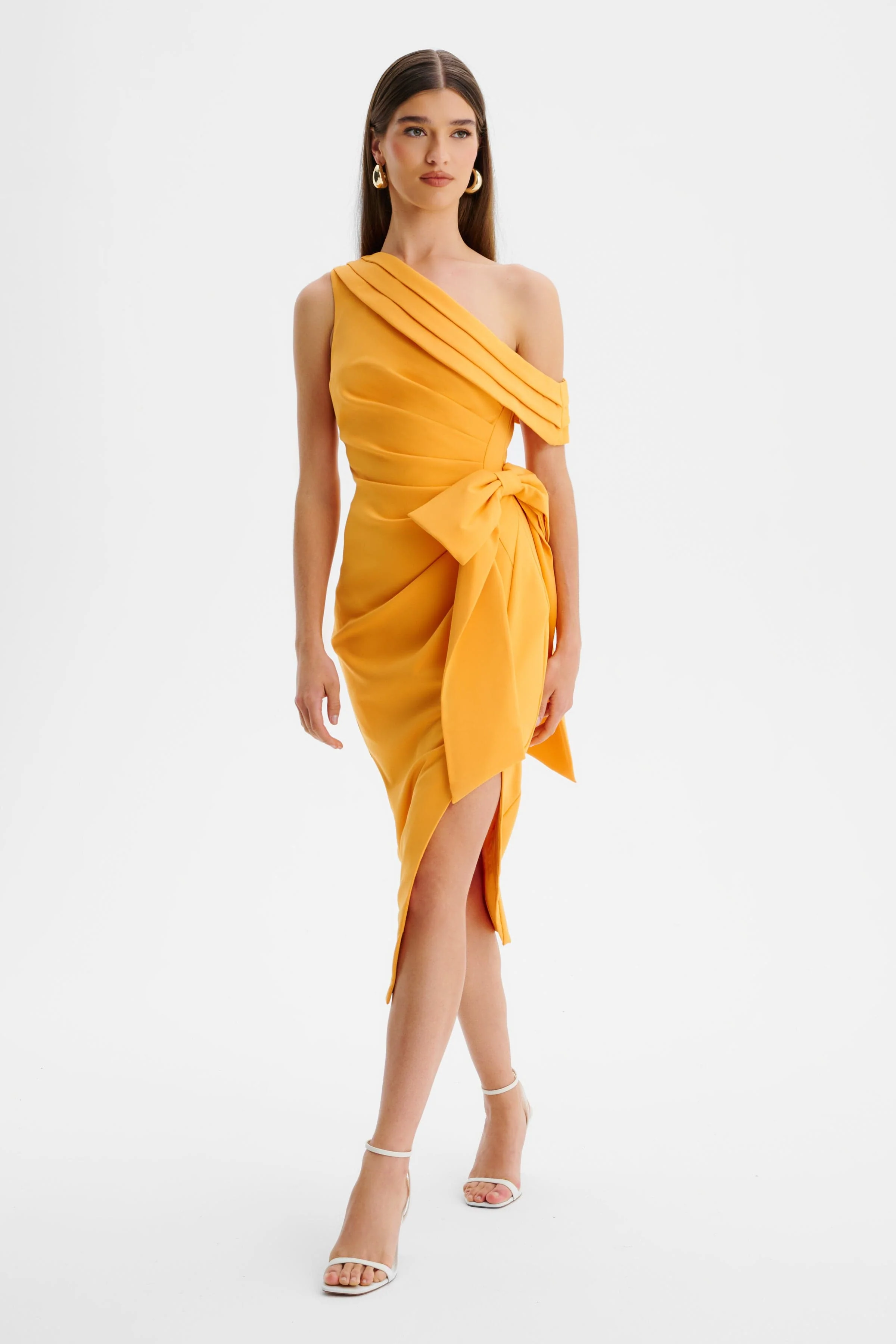 HONEY One Shoulder Pleated Bow Midi Dress in Orange - Image 2