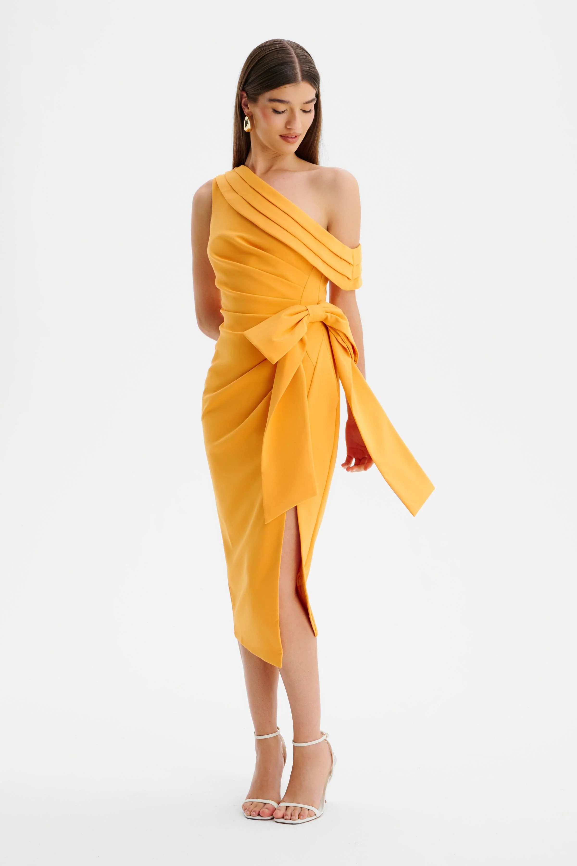 HONEY One Shoulder Pleated Bow Midi Dress in Orange - Image 3
