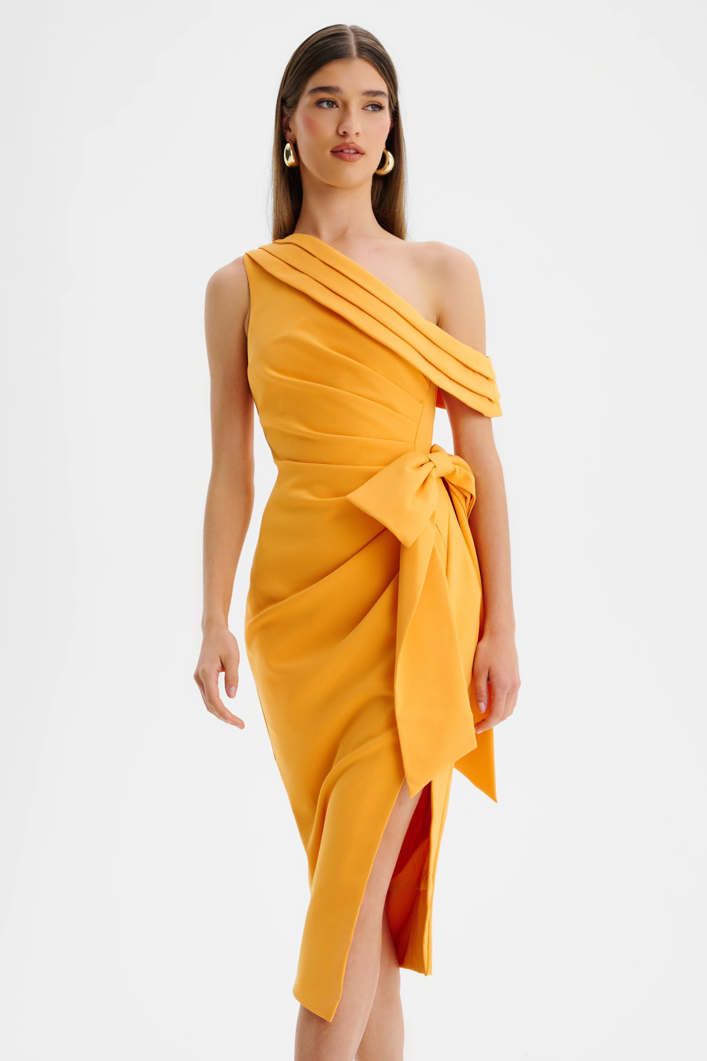 HONEY One Shoulder Pleated Bow Midi Dress in Orange - Image 4