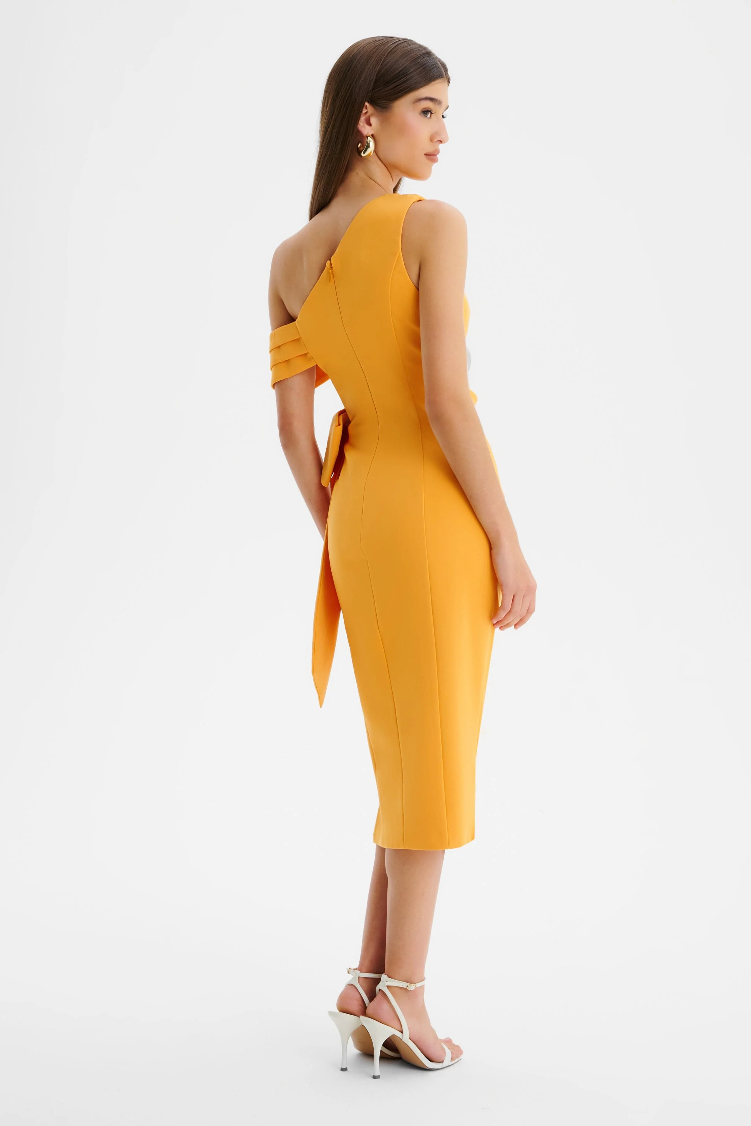 HONEY One Shoulder Pleated Bow Midi Dress in Orange - Image 5